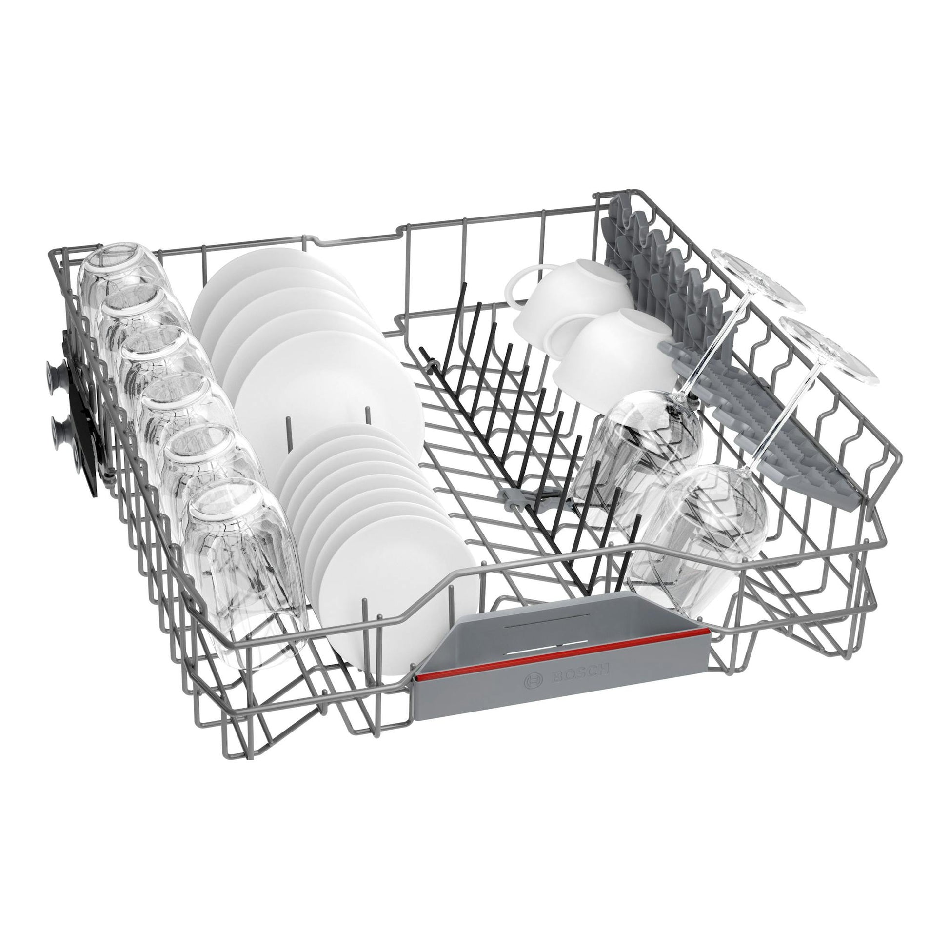 Cesta superior de lavavajillas Bosch SMS4ECI28E con platos, vasos y tazas, vista en perspectiva.