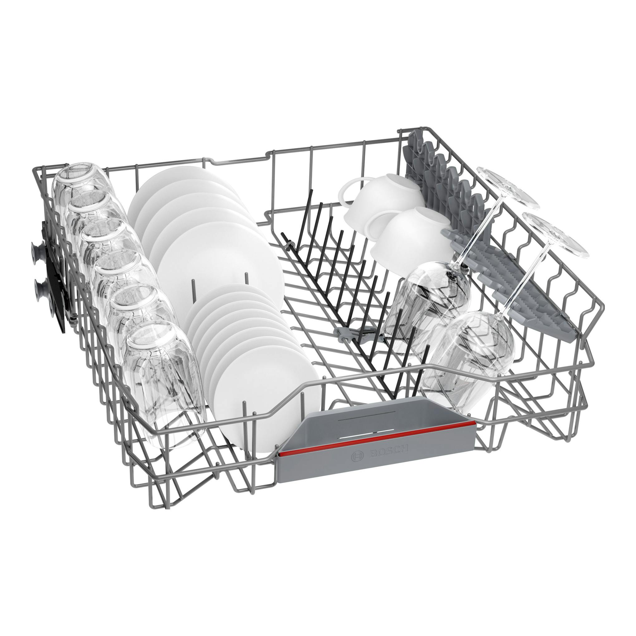 Cesta de lavavajillas Bosch SMV4ECX21E con platos, vasos y copas, vista en ángulo.
