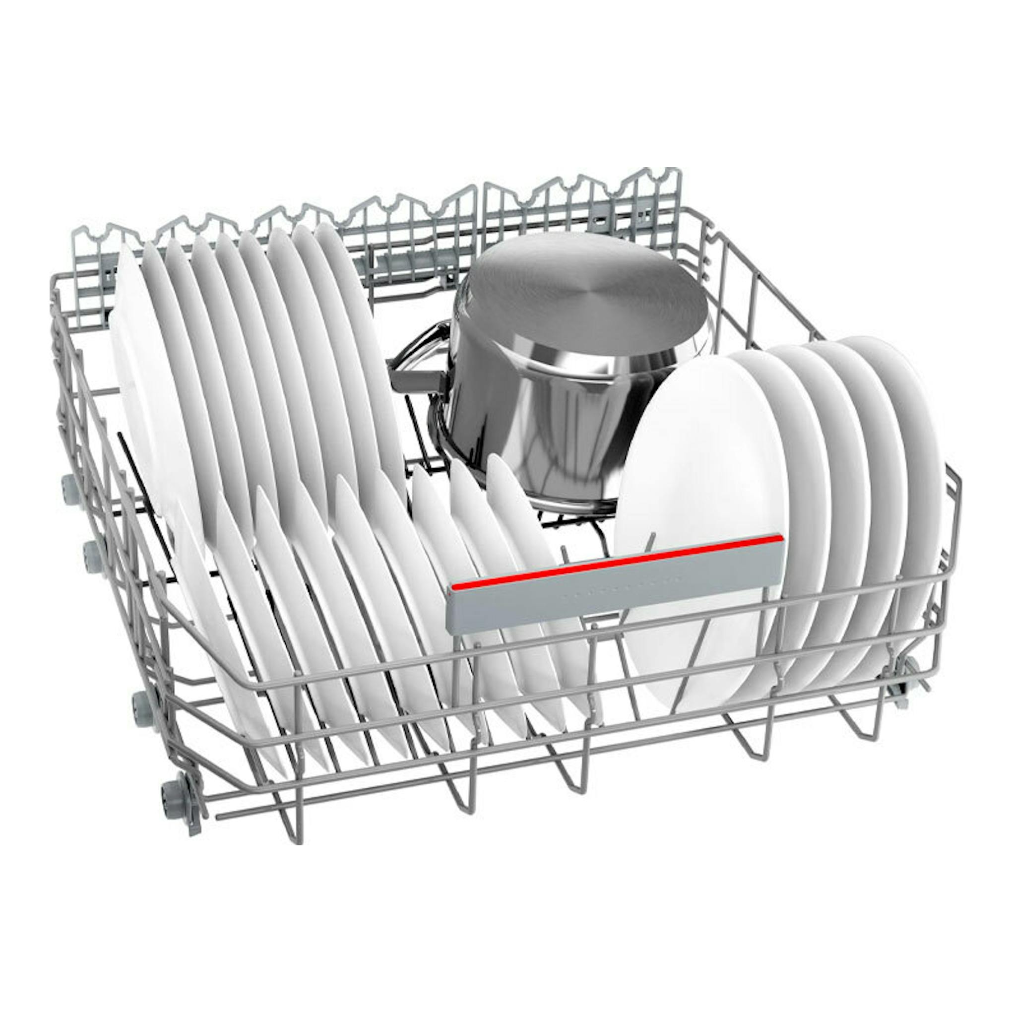 Bosch SMS4ECW28E: cesta extraíble de lavavajillas en vista isométrica, con platos blancos y una olla metálica.