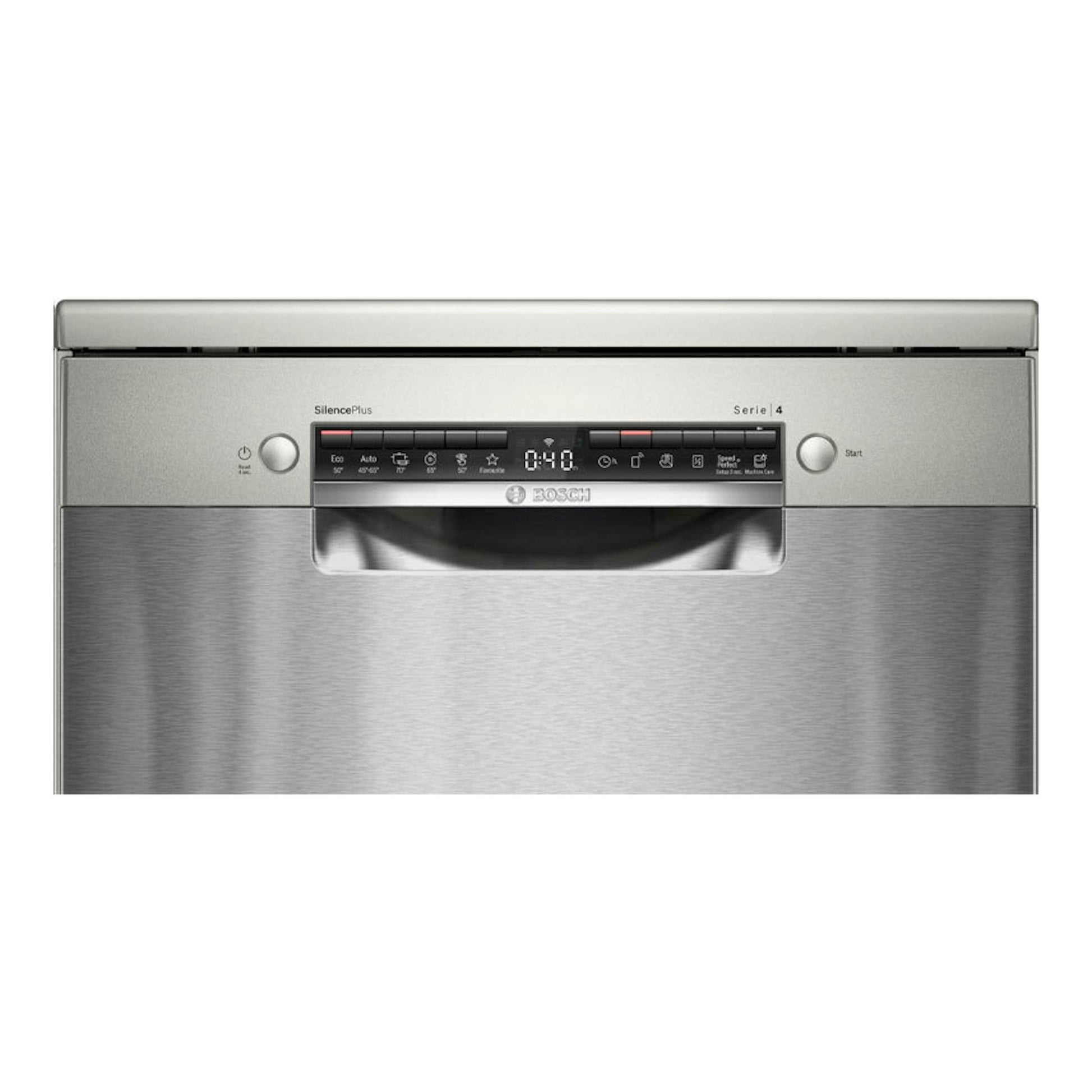 Lavavajillas Bosch Serie 4 SMS4EKI06E en acero inoxidable, vista frontal con panel de control superior.