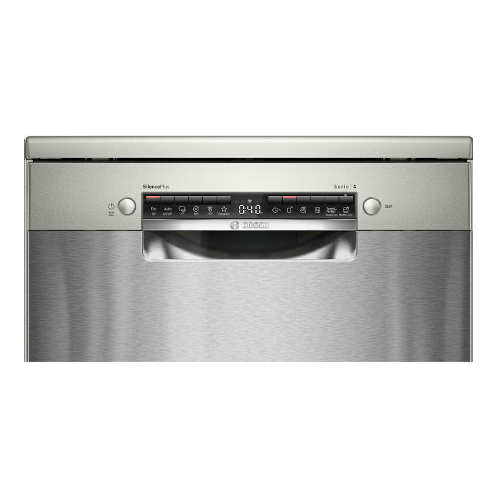Lavavajillas Bosch Serie 4 SMS4EKI06E en acero inoxidable, vista frontal con panel de control superior.