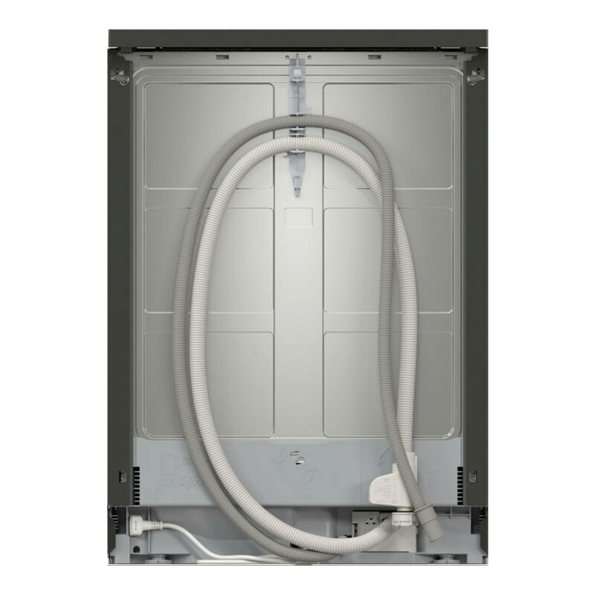 Lavavajillas Bosch SMS4EMC06E, vista trasera en gris, con mangueras y cable visibles.