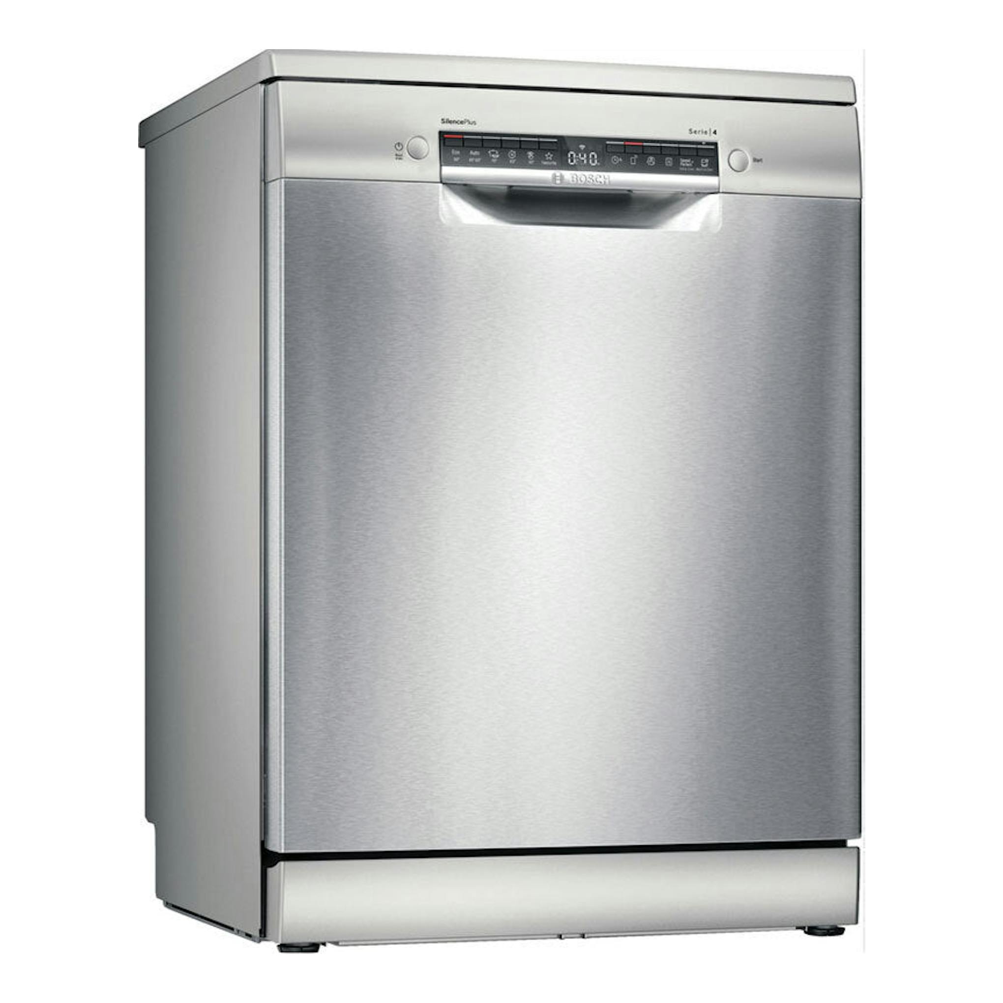 Lavavajillas Bosch SMS4EMI02E de acero inoxidable, vista frontal, color plata.