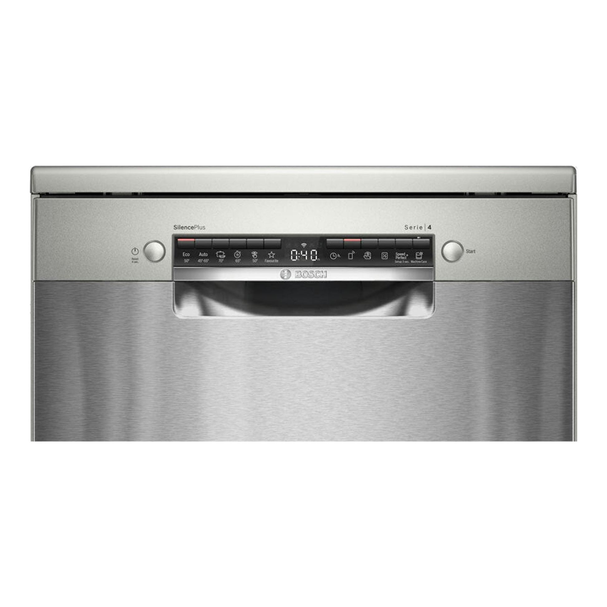 Lavavajillas Bosch SMS4EMI02E de acero inoxidable, vista frontal con panel de control superior.