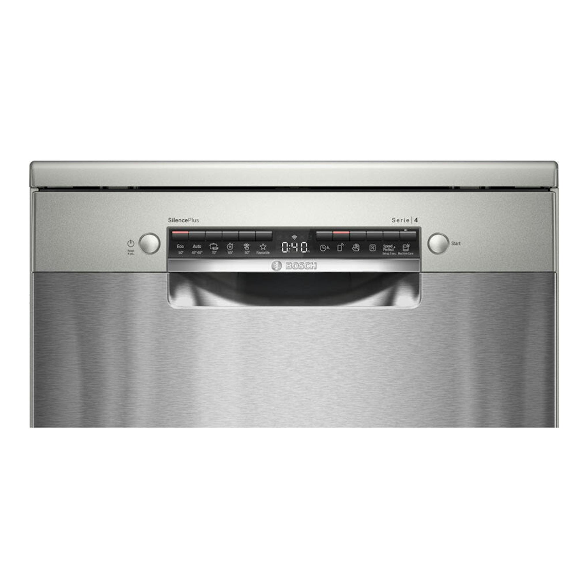 Lavavajillas Bosch SMS4EMI02E de acero inoxidable, vista frontal con panel de control superior.