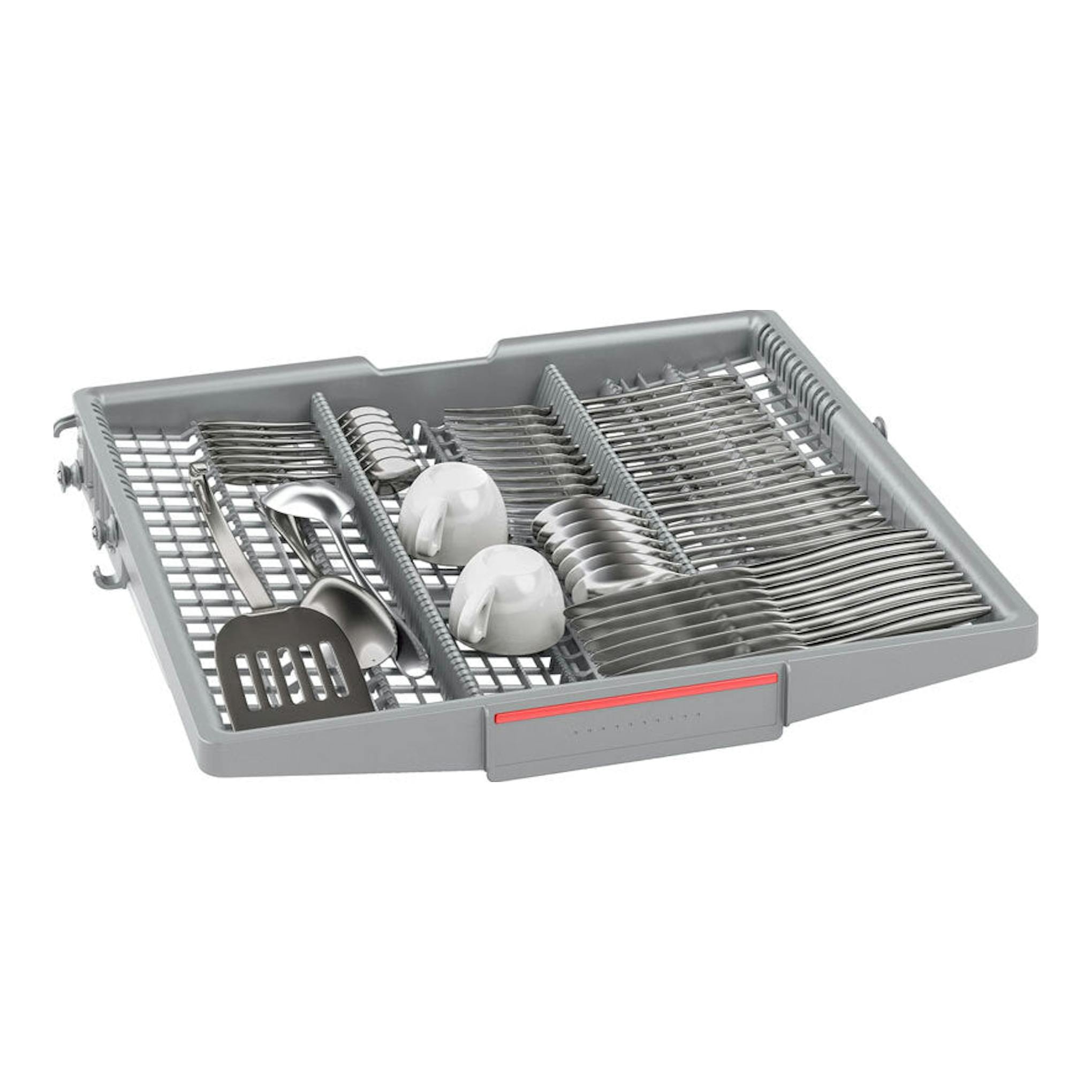 Lavavajillas Bosch SMS4EMI02E 60 cm, bandeja gris para cubiertos y tazas, vista en perspectiva.