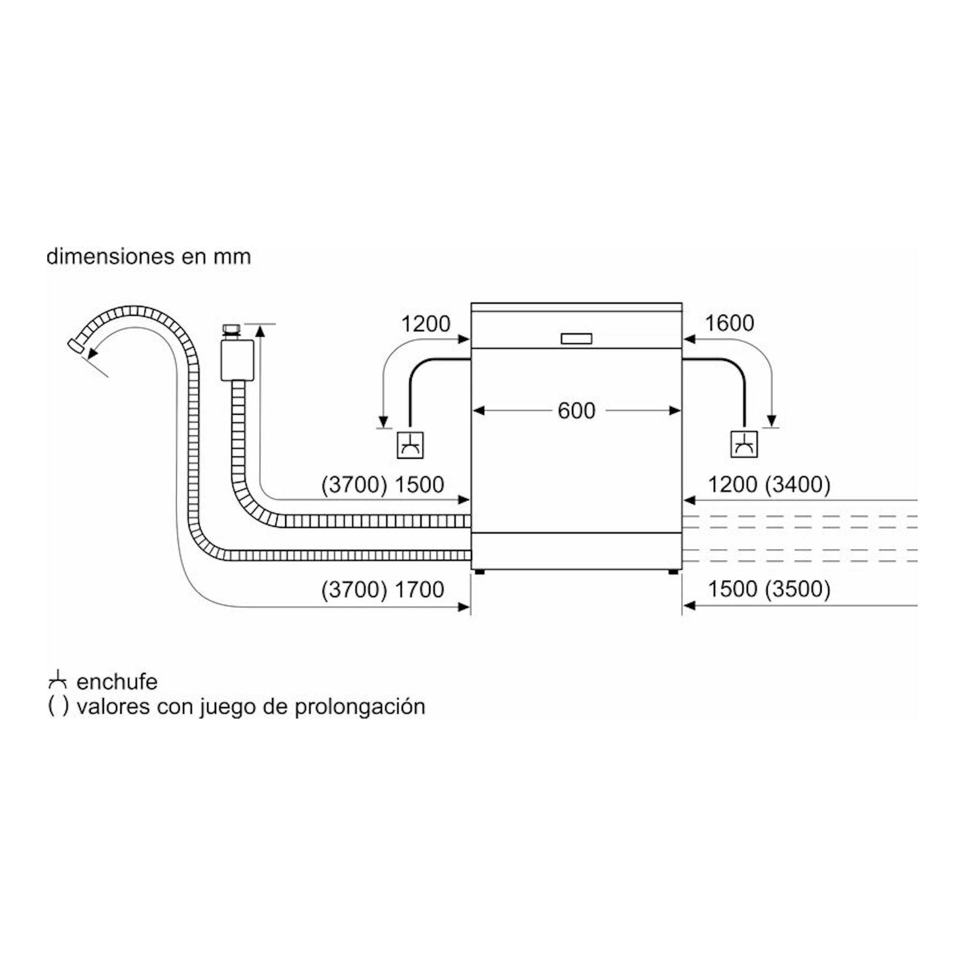 Bosch SMS4EMI06E: esquema técnico frontal de lavavajillas blanco de 60 cm con medidas y conexiones.