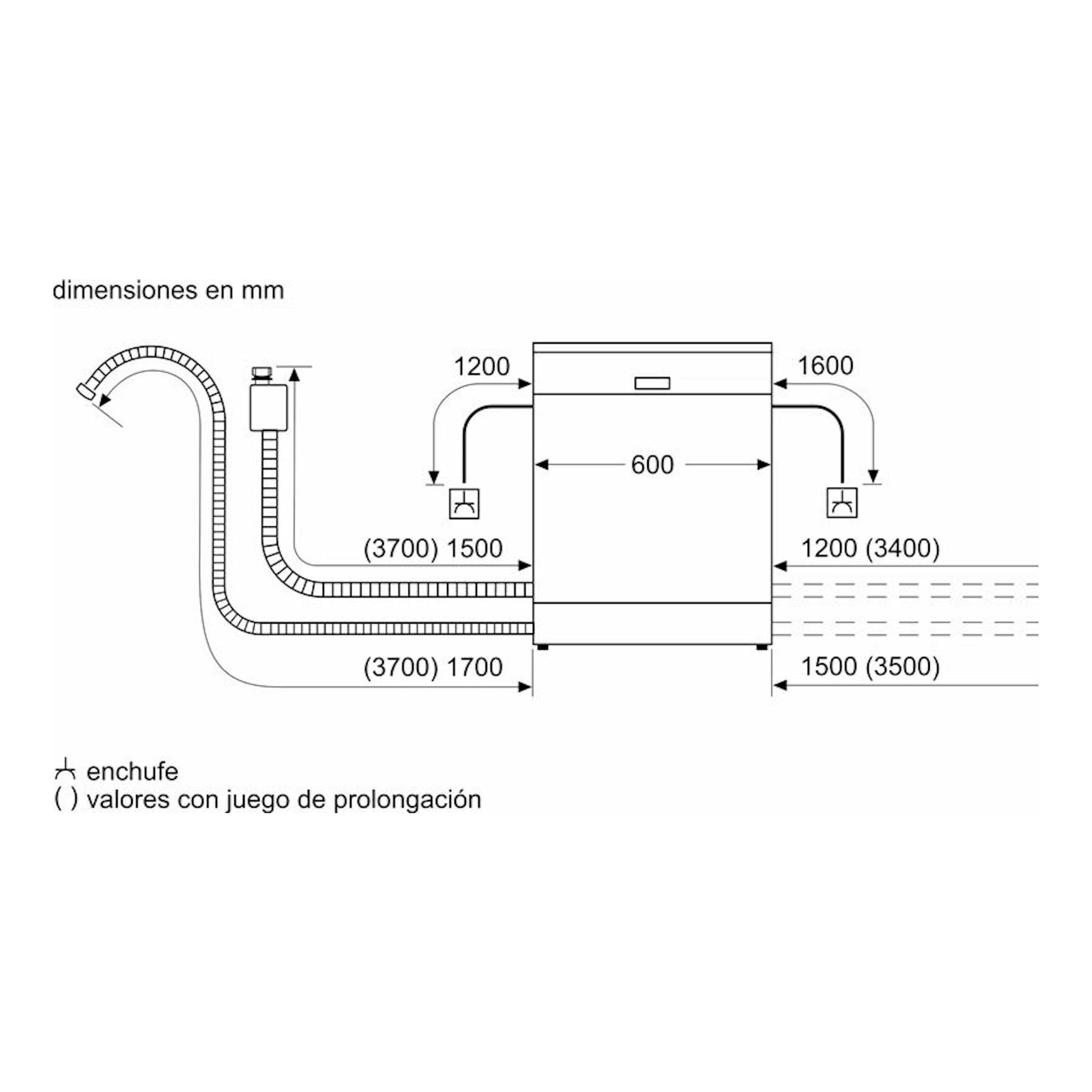 Bosch SMS4EMI06E: esquema técnico frontal de lavavajillas blanco de 60 cm con medidas y conexiones.