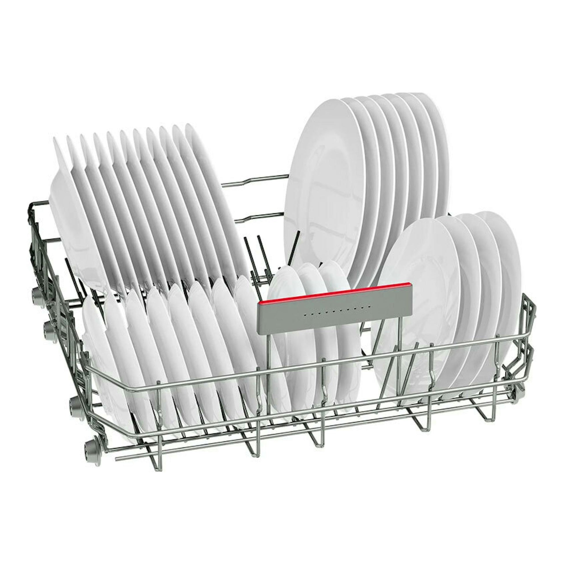 Cesta inferior de lavavajillas Bosch SMS4EMI06E, vista frontal en ángulo, con platos blancos alineados.