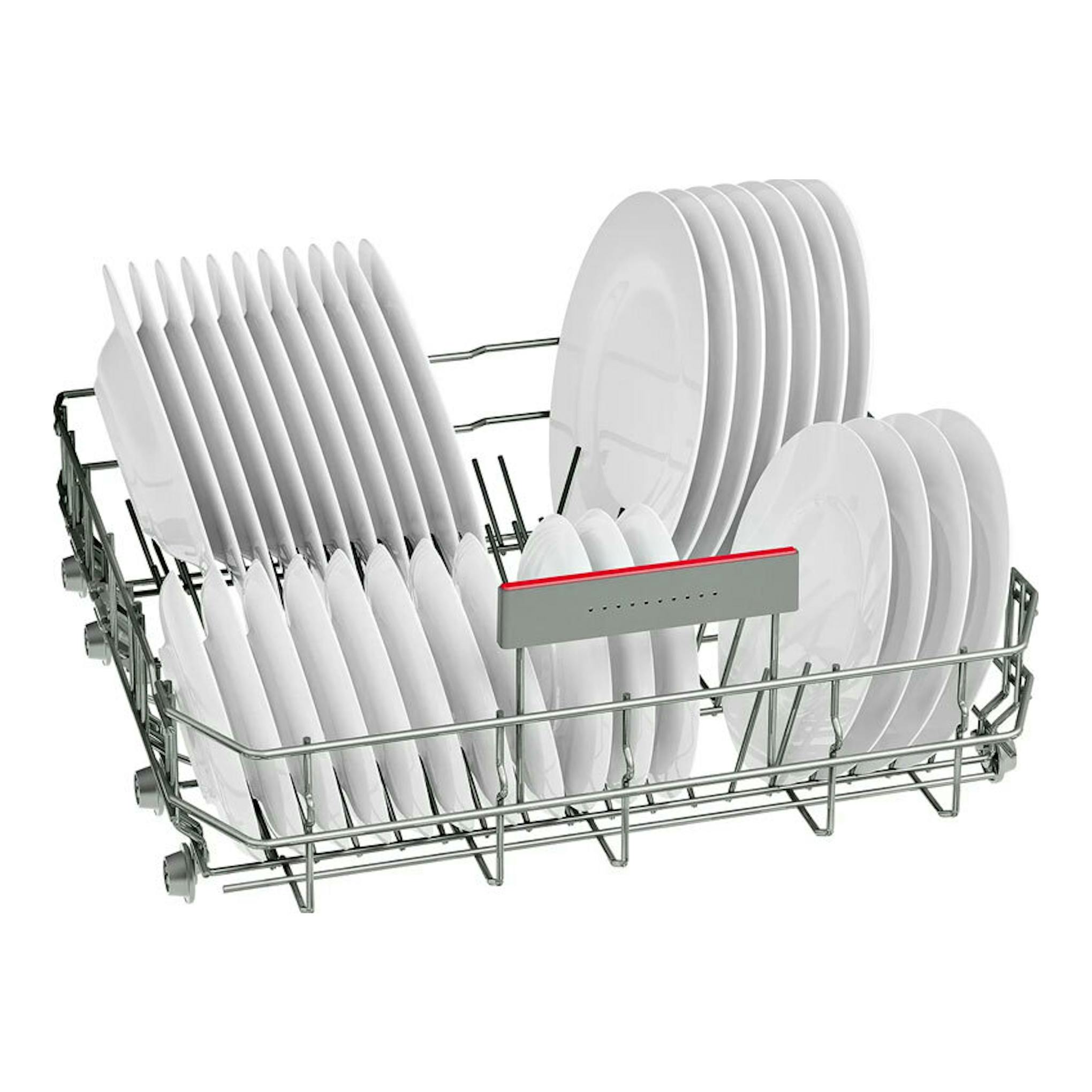 Cesta inferior de lavavajillas Bosch SMS4EMI06E, vista frontal en ángulo, con platos blancos alineados.