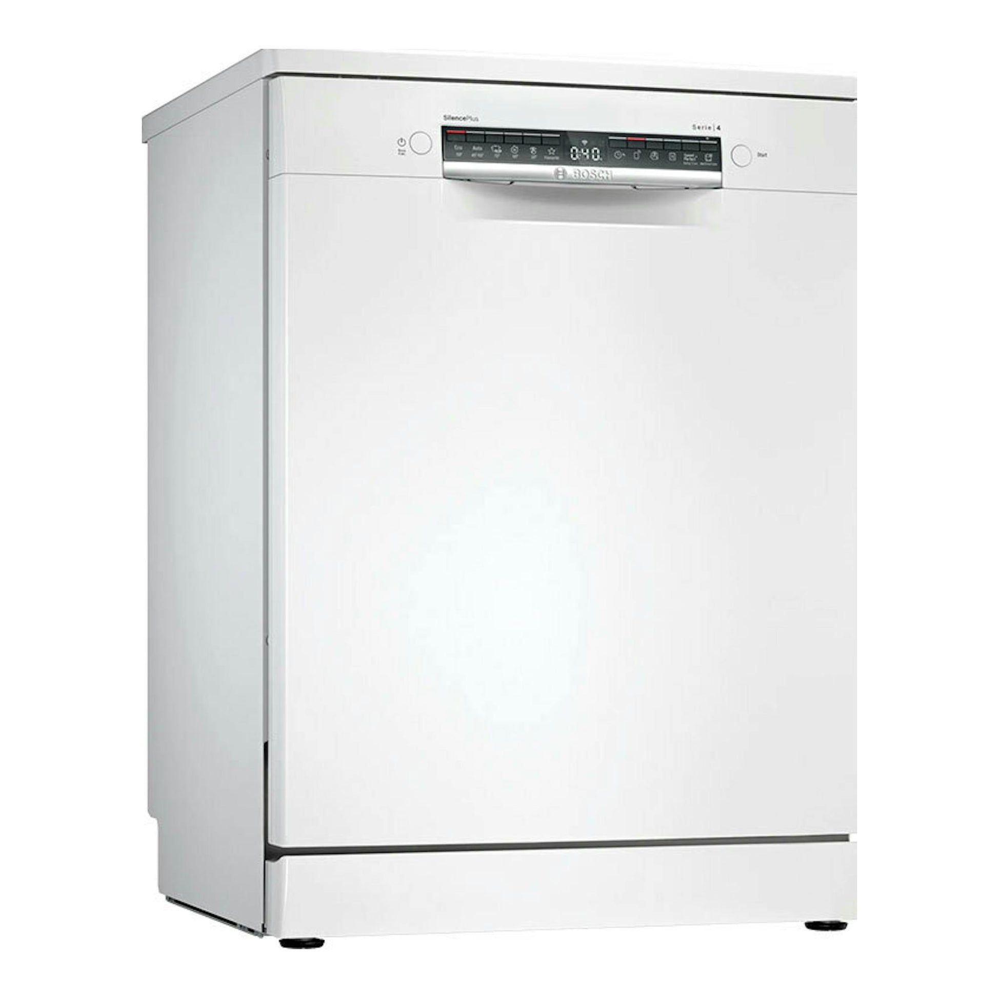 Lavavajillas Bosch SMS4EMW06E blanco, vista frontal en ángulo, con panel superior de control digital.