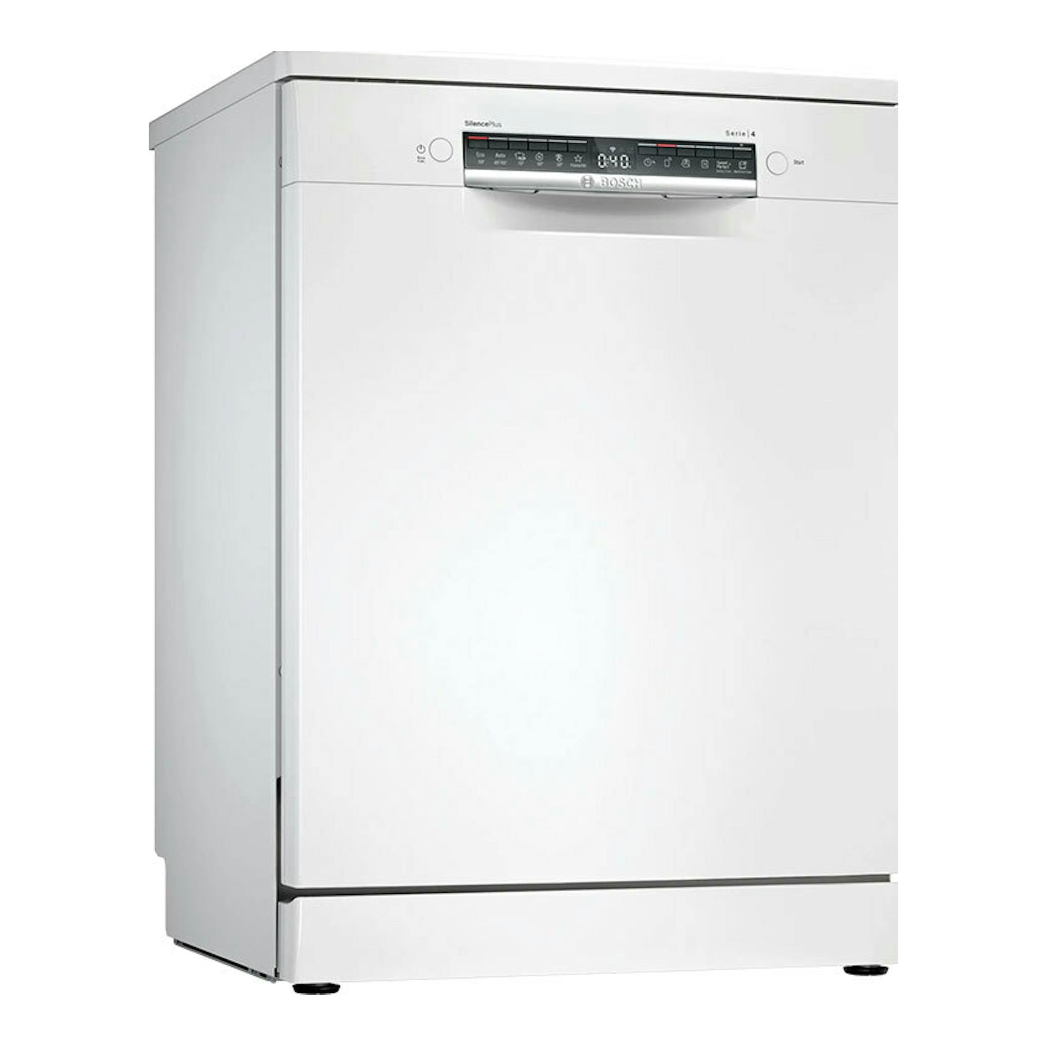 Lavavajillas Bosch SMS4EMW06E blanco, vista frontal en ángulo, con panel superior de control digital.