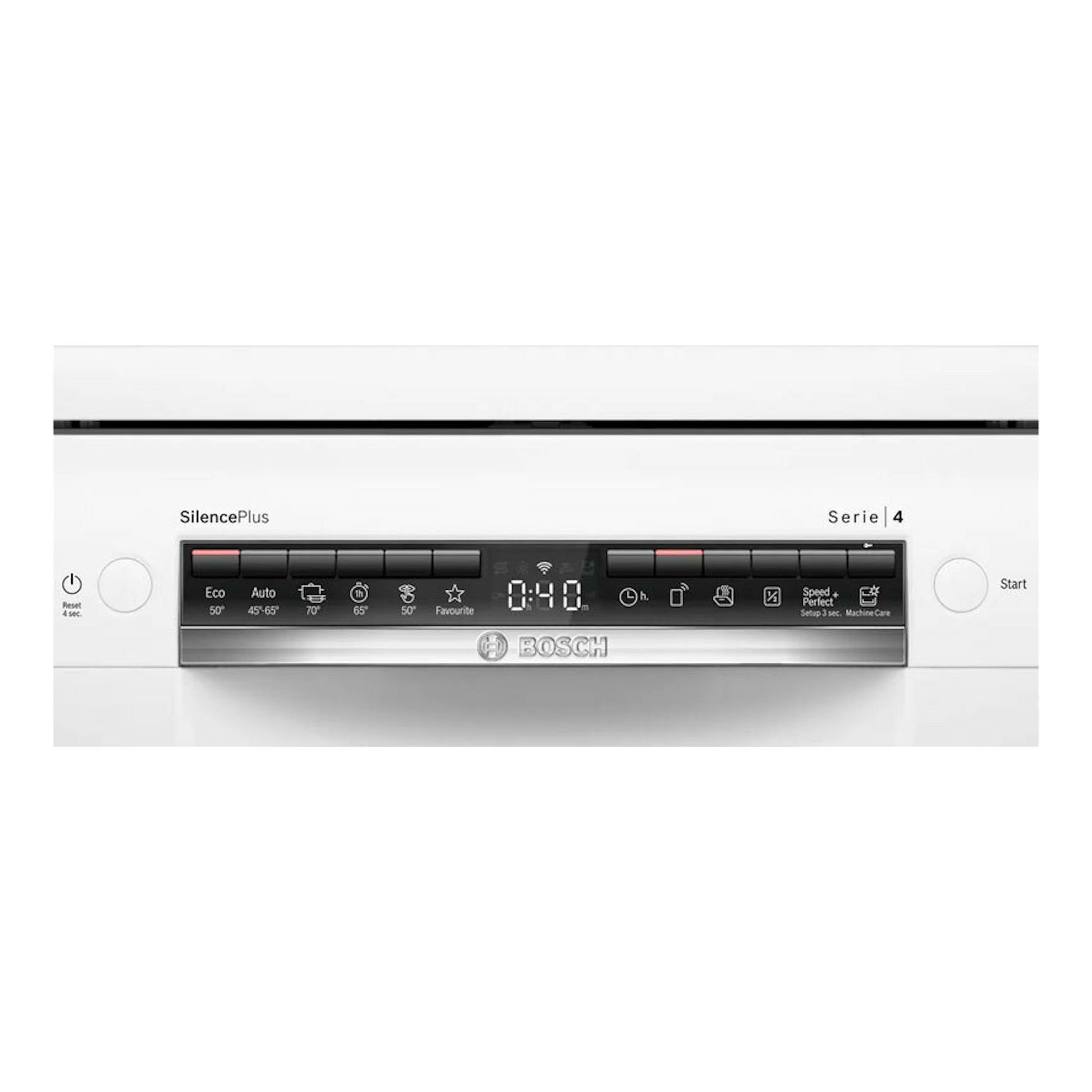 Lavavajillas Bosch SMS4EMW06E Serie 4, vista frontal, panel negro sobre puerta blanca.