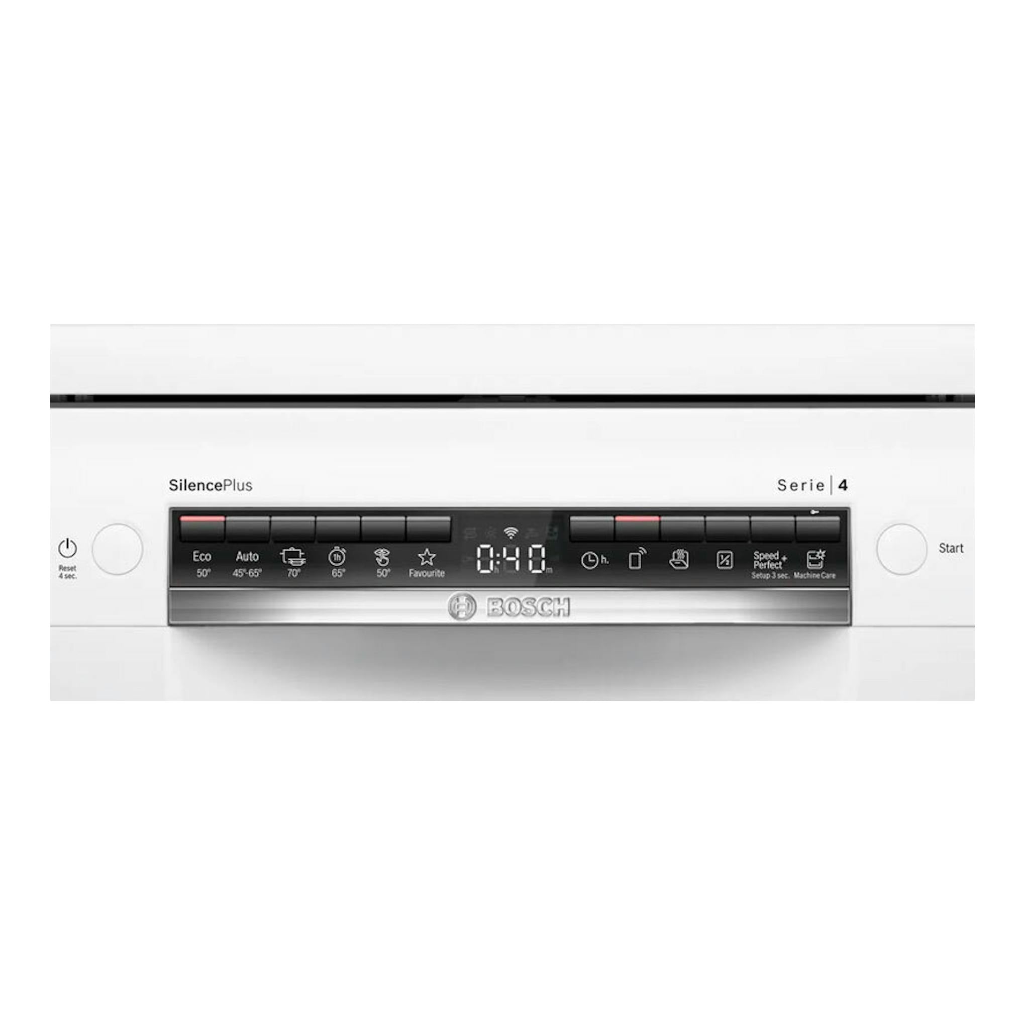 Lavavajillas Bosch SMS4EMW06E Serie 4, vista frontal, panel negro sobre puerta blanca.