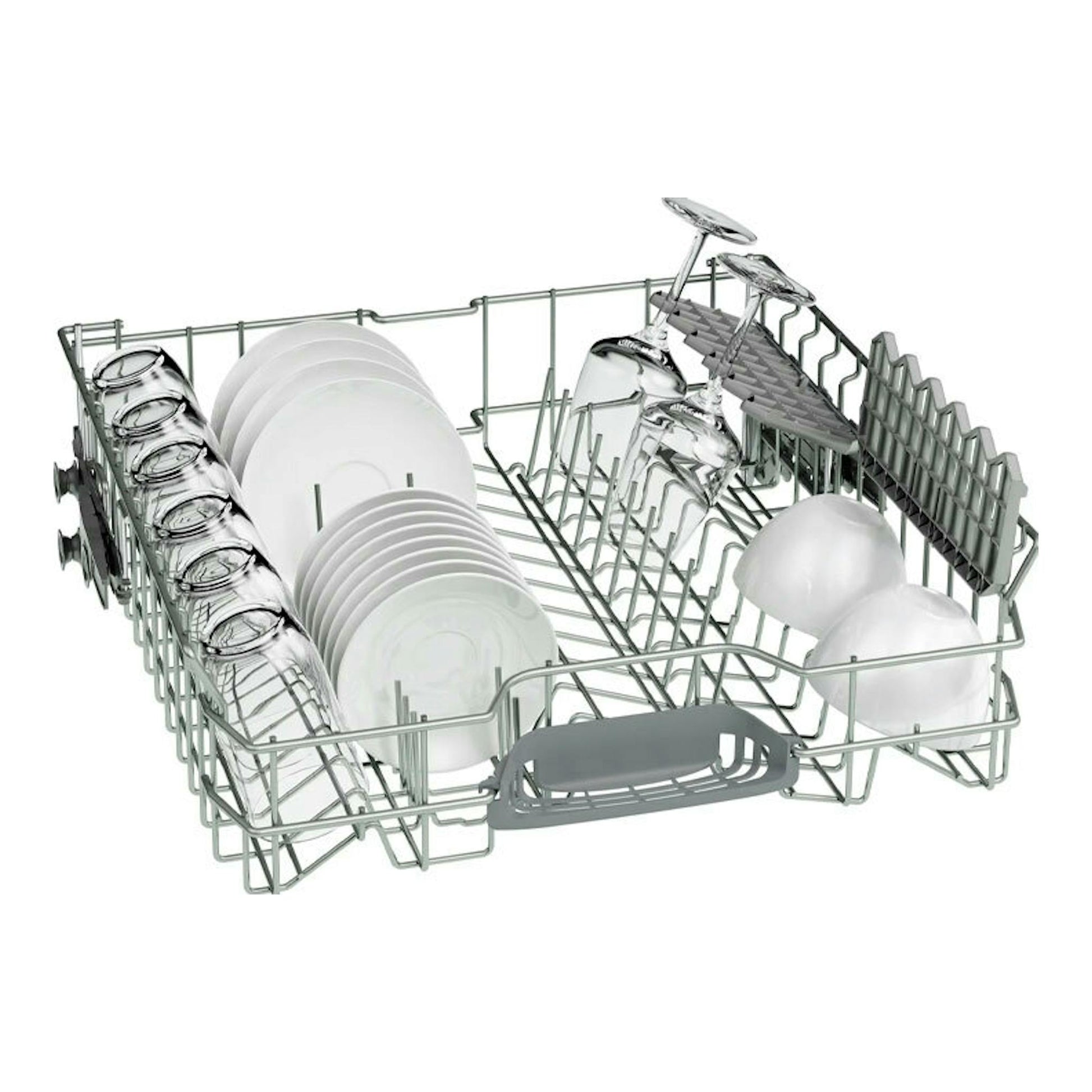 Bosch SMS4HMI07E: cesta de lavavajillas con platos, vasos, copas y tazas, vista frontal.