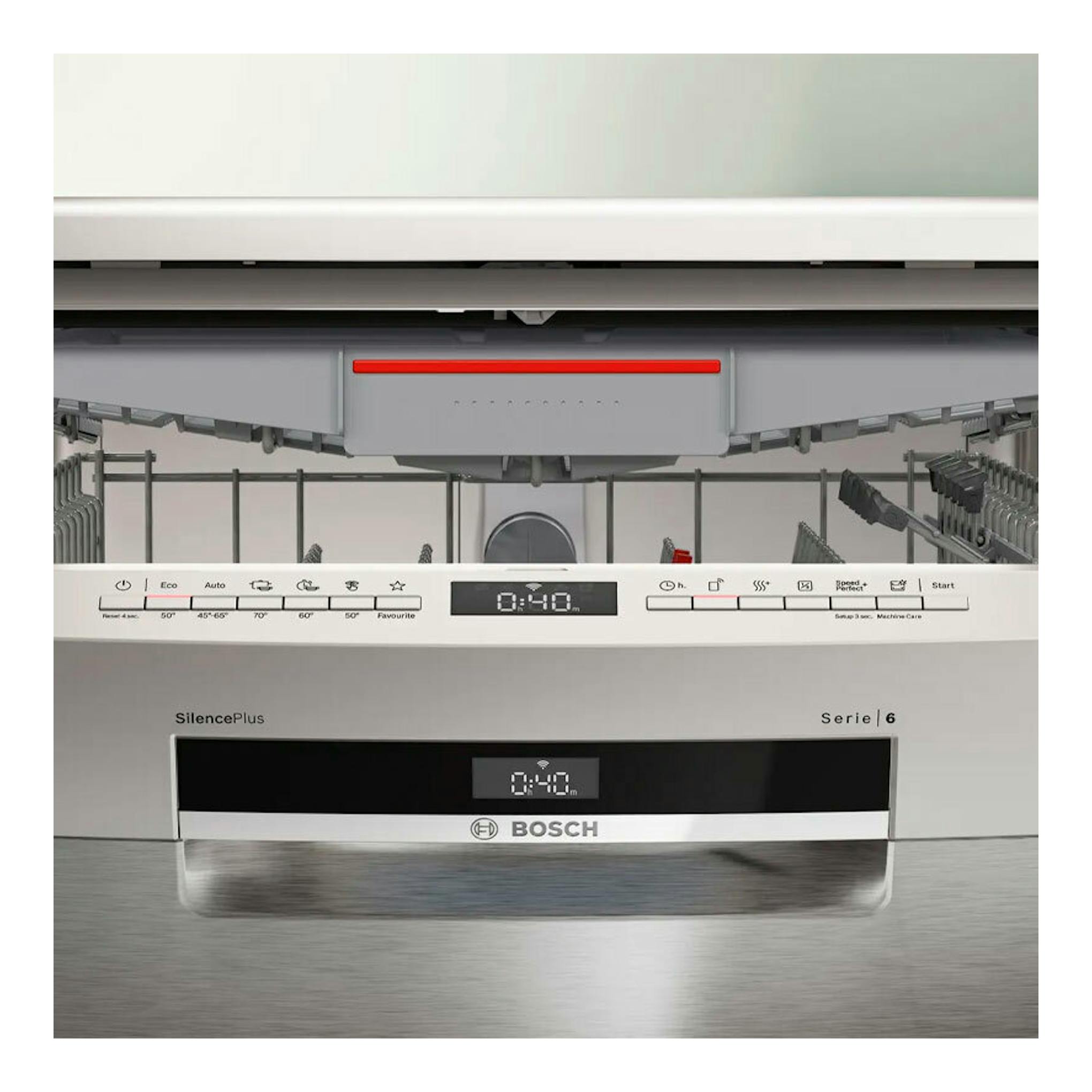 Lavavajillas Bosch SMS6ECI15E de 60 cm, vista frontal abierta, panel digital y acabado en acero inoxidable.
