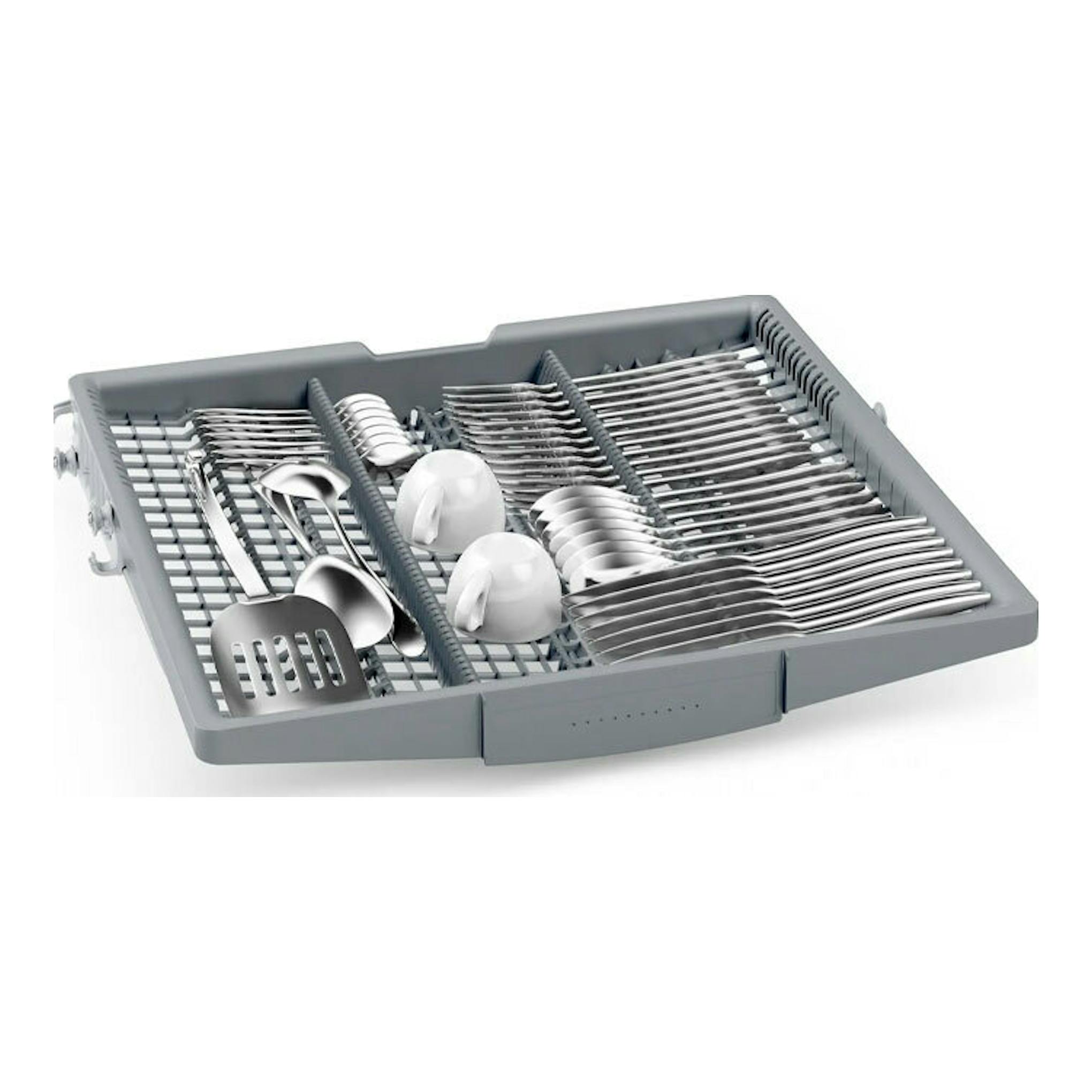 Bosch SMS6ECI15E: bandeja gris para cubiertos y tazas, vista en ángulo sobre fondo blanco.