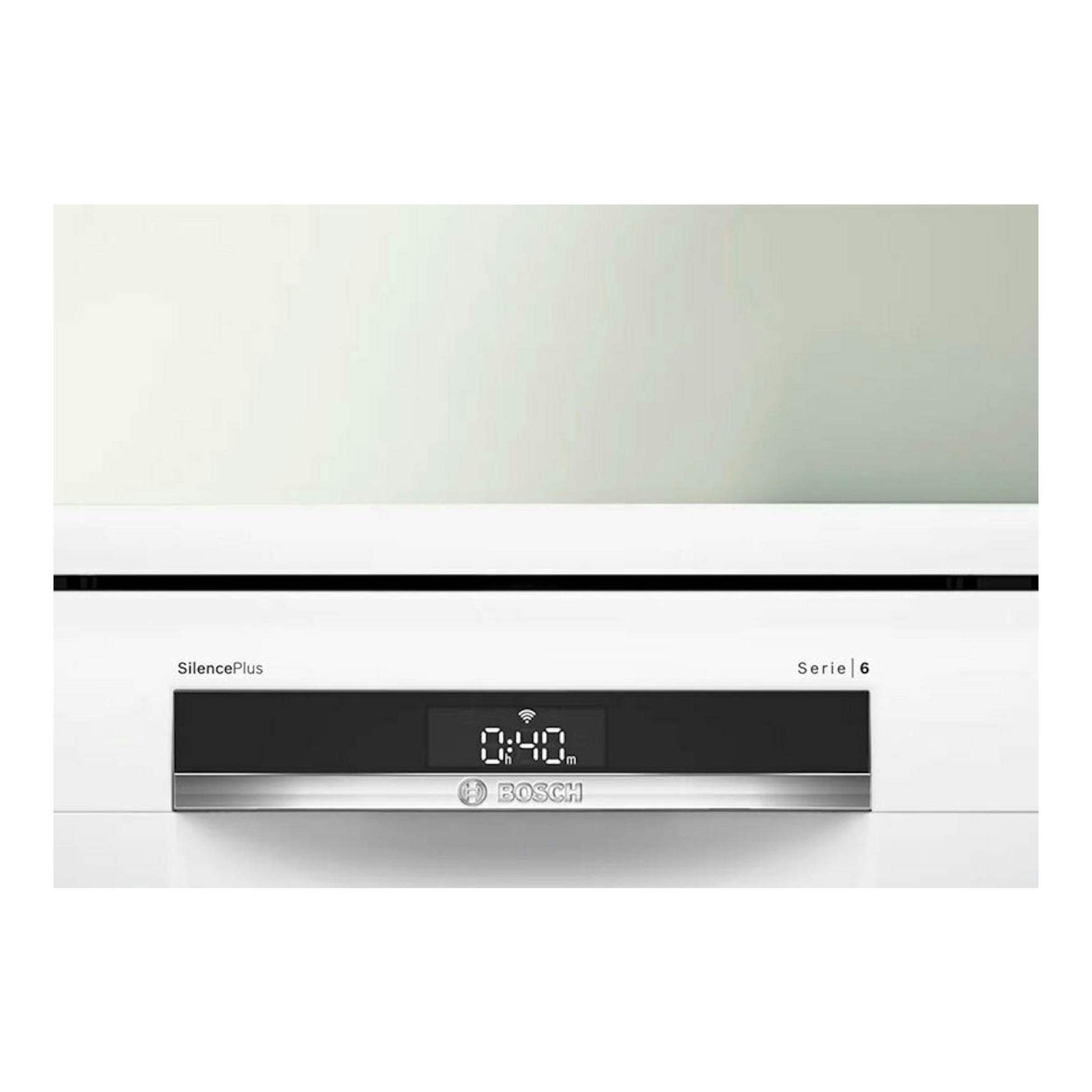 Lavavajillas Bosch SMS6ECW15E blanco, vista frontal, con panel negro y display digital.