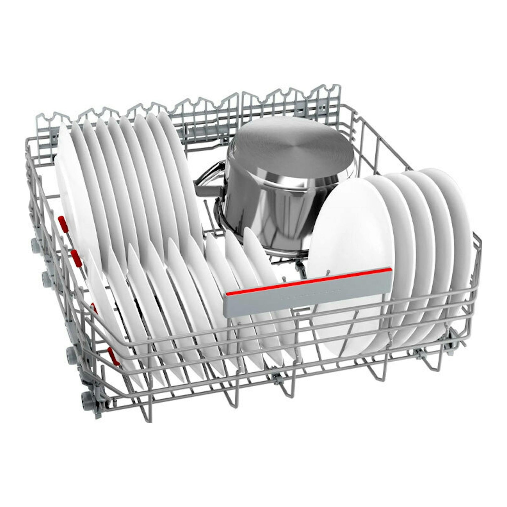 Lavavajillas Bosch SMS6ECW15E de 60 cm, cesta interior con platos blancos y una olla metálica, vista frontal