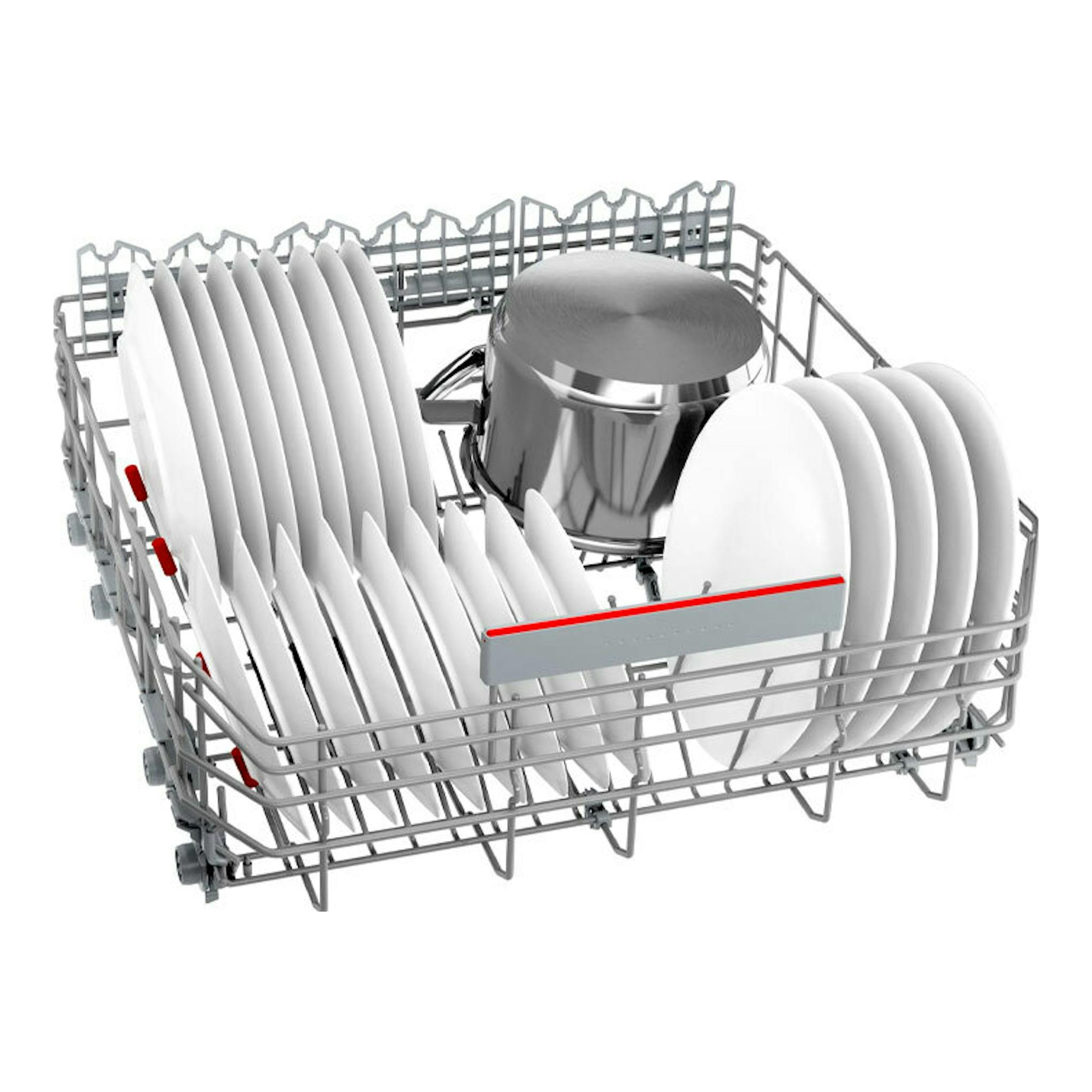 Lavavajillas Bosch SMS6ECW15E de 60 cm, cesta interior con platos blancos y una olla metálica, vista frontal