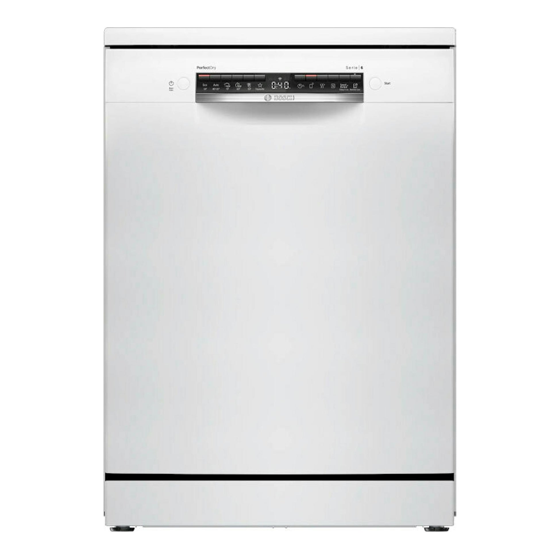 Lavavajillas Bosch SMS6ZCW10E blanco, vista frontal, con panel de control superior.