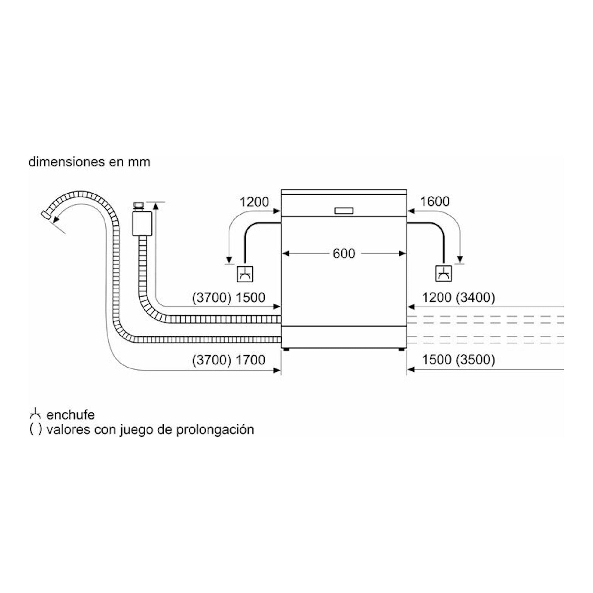 Bosch SMS6ZCW10E: esquema técnico frontal de lavavajillas blanco de 60 cm con medidas y conexiones.
