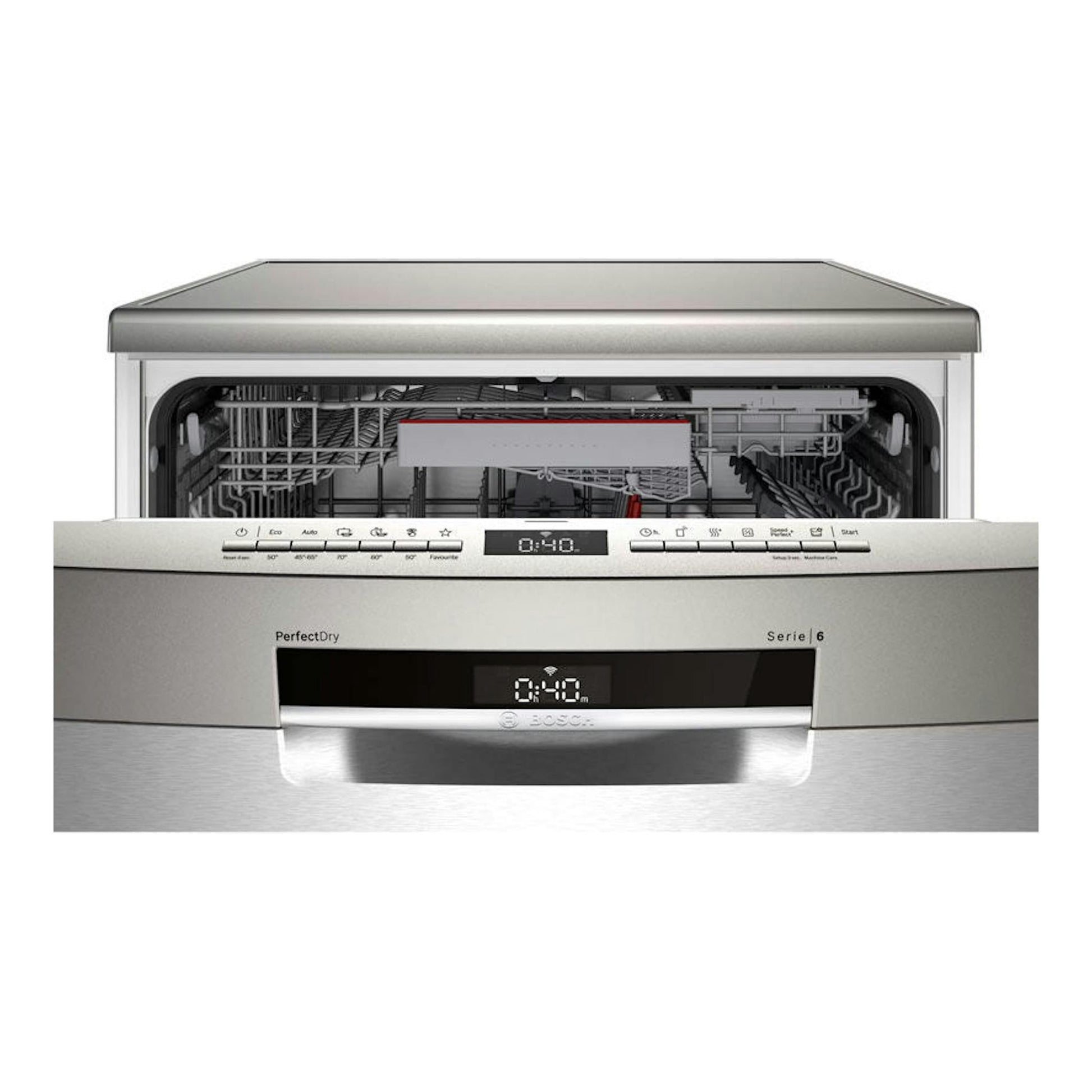 Lavavajillas Bosch Serie 6 SMS6ZDI08E de acero inoxidable, vista frontal con la puerta abierta.
