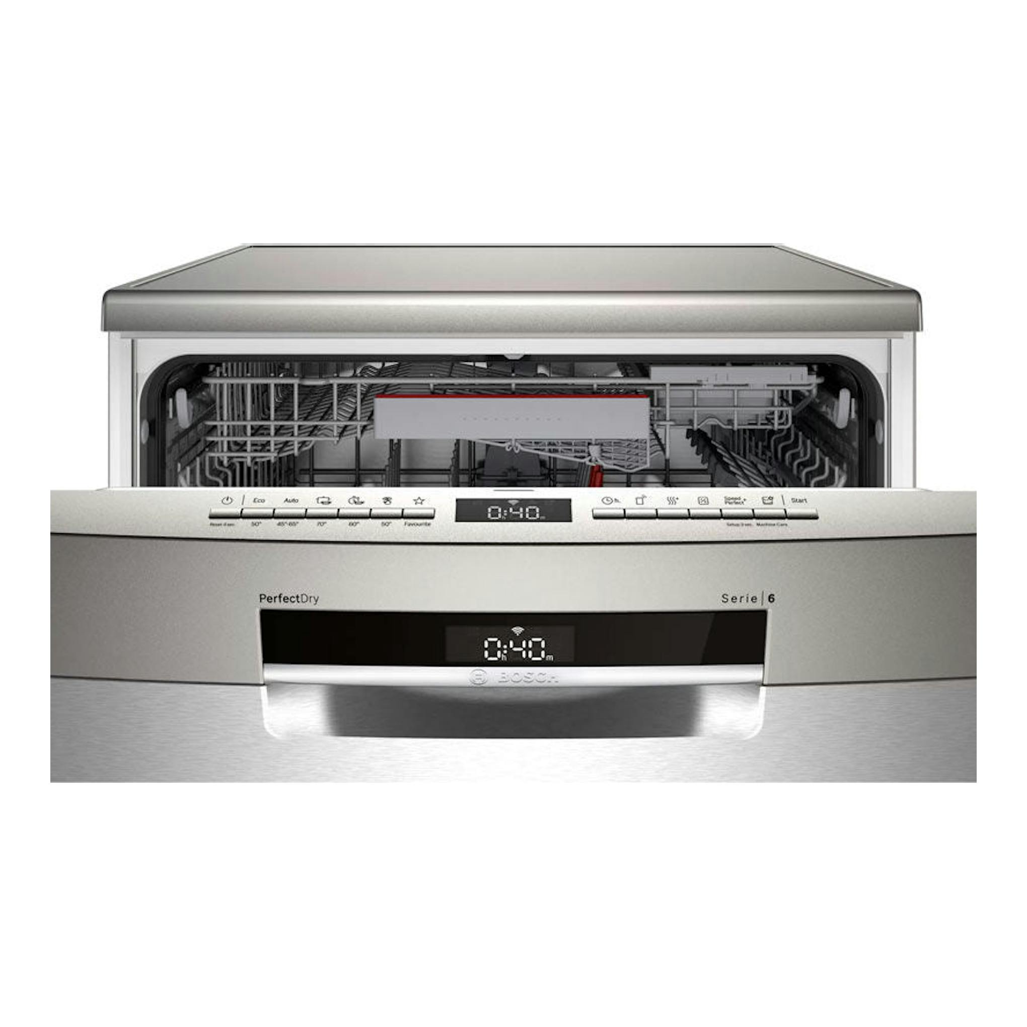 Lavavajillas Bosch Serie 6 SMS6ZDI08E de acero inoxidable, vista frontal con la puerta abierta.