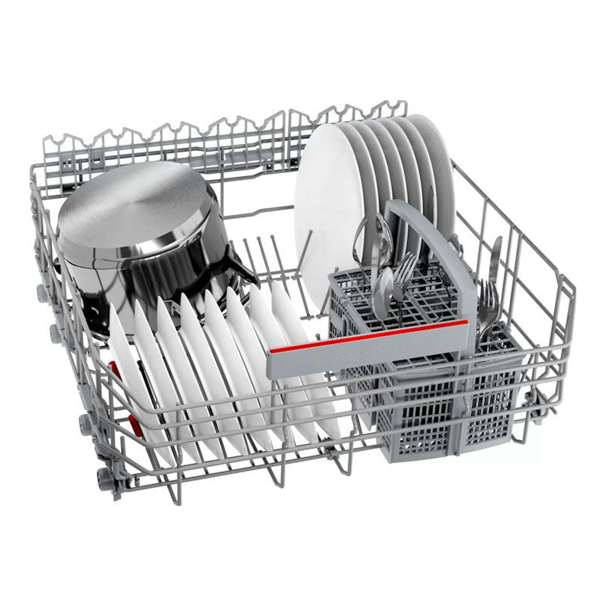 Cesta de lavavajillas Bosch SMS6ZDI08E de 60 cm con platos, olla y cubertería, vista frontal.