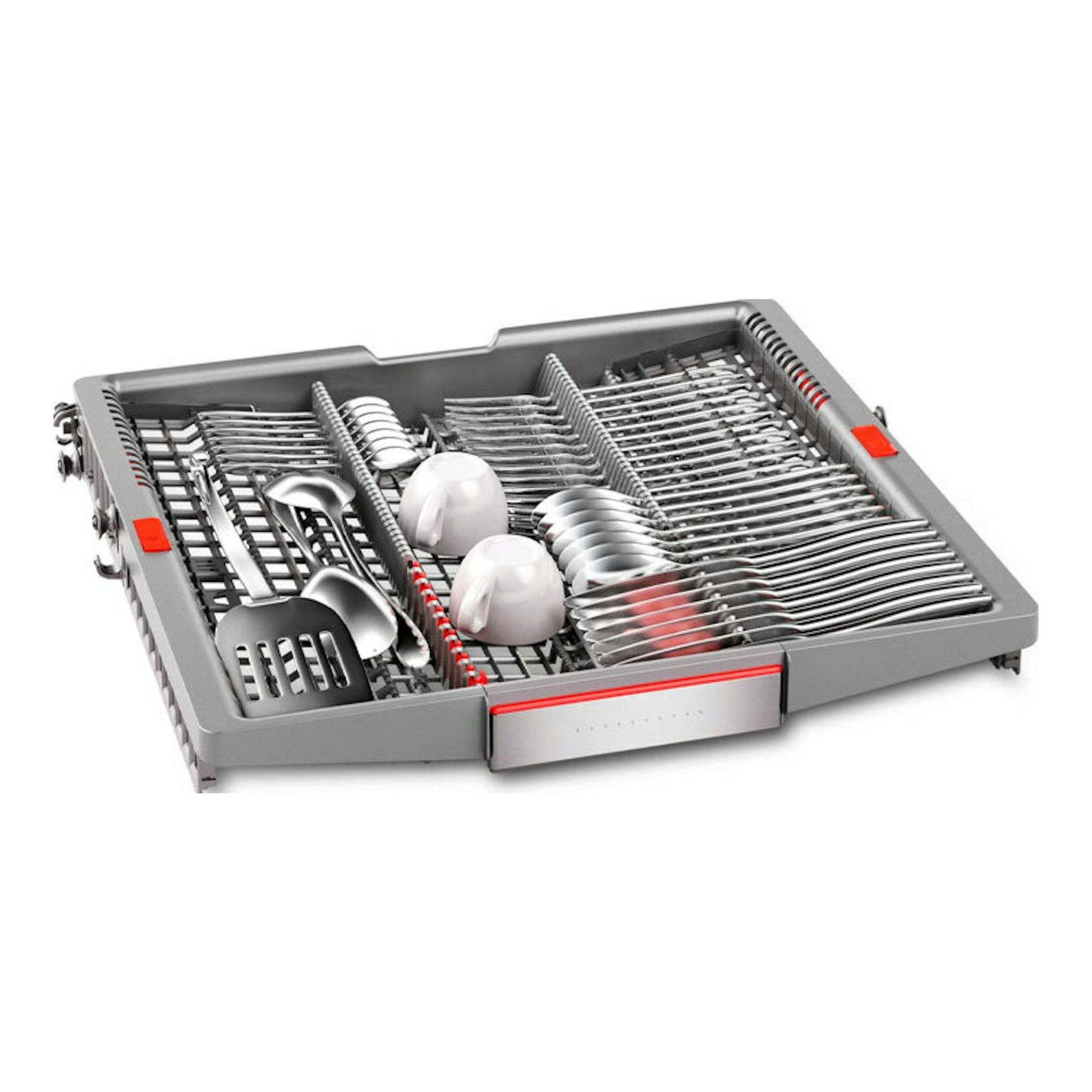 Bosch SMS8TCI04E: cesta inferior de lavavajillas gris con platos, tazas y cubiertos, vista frontal.