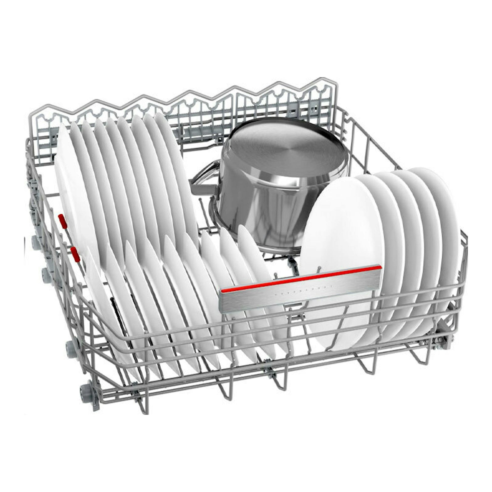 Bosch SMS8TCI04E: cesta inferior de lavavajillas con platos blancos y una olla metálica, vista frontal.