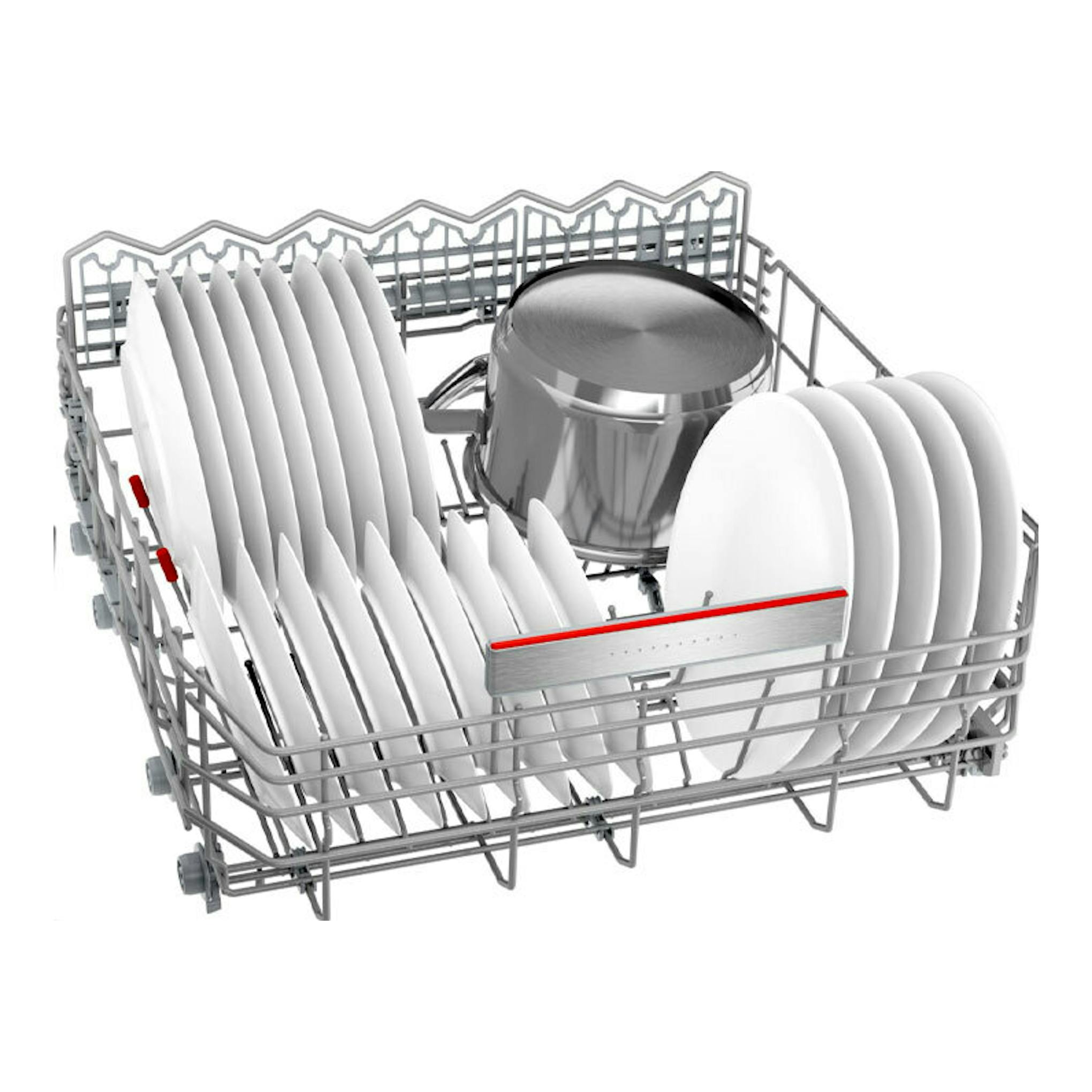Bosch SMS8TCI04E: cesta inferior de lavavajillas con platos blancos y una olla metálica, vista frontal.