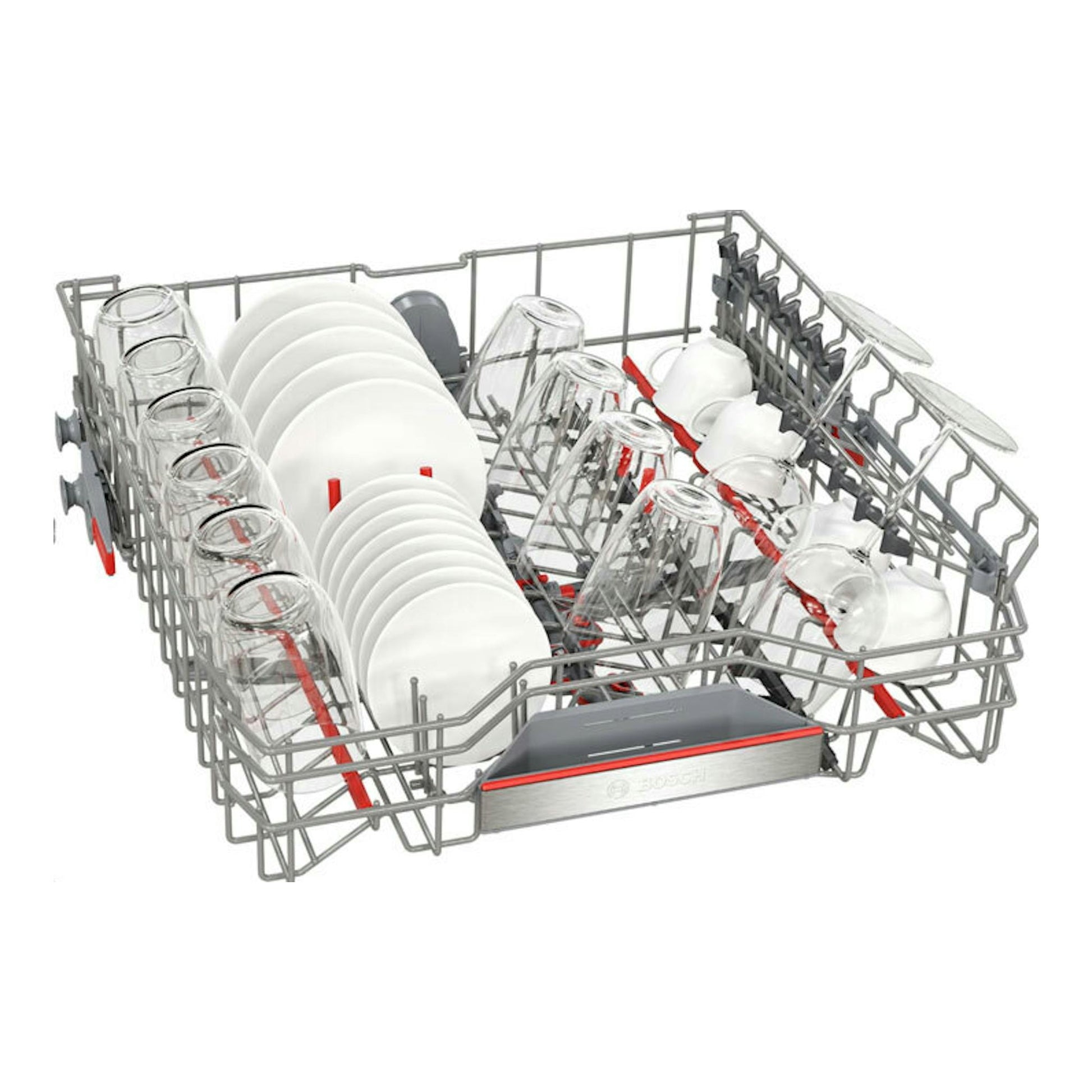 Bosch SMS8TCI04E 60 cm: cesta de lavavajillas gris en vista inclinada con platos, vasos y tazas.