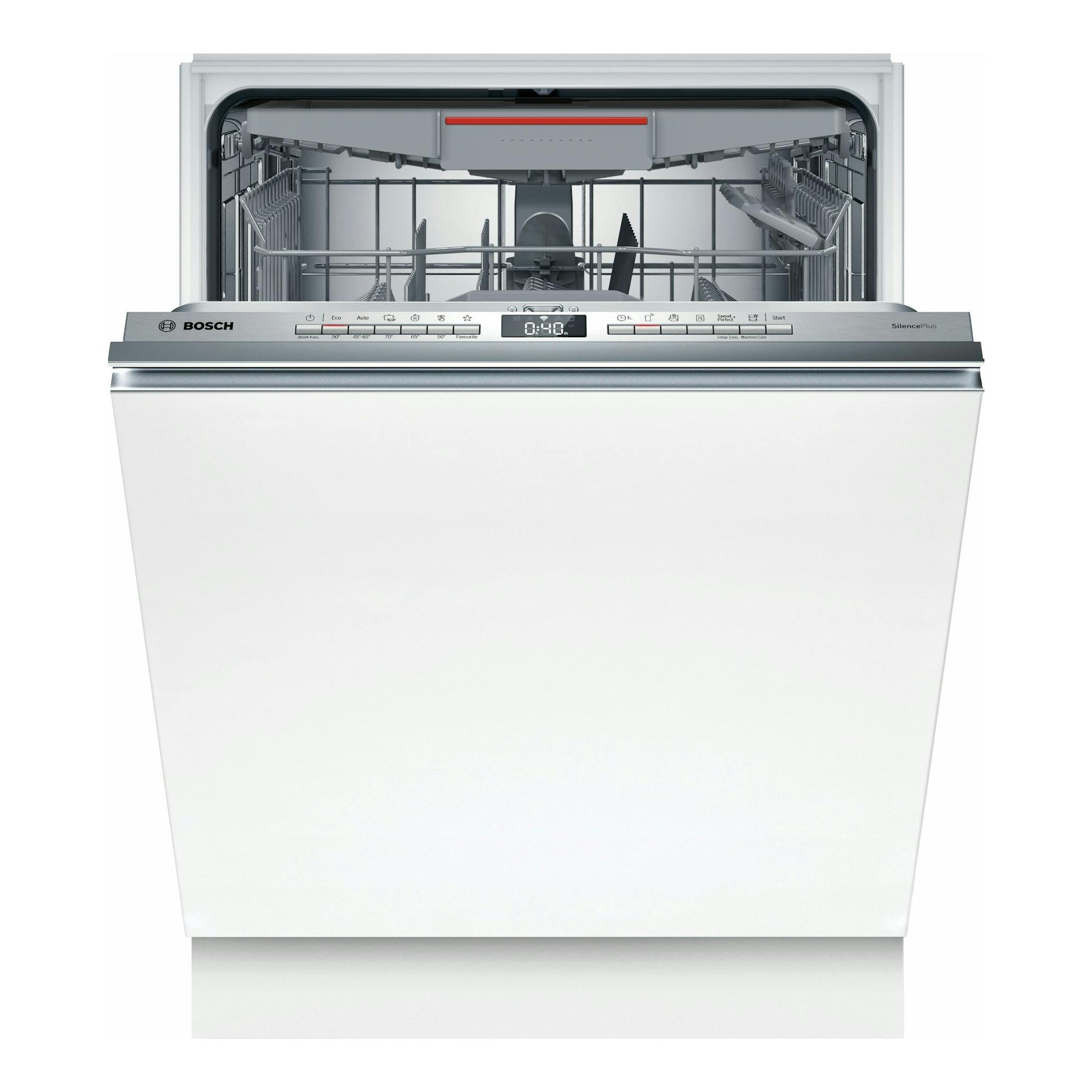 Lavavajillas integrable Bosch SMV4ECX21E, vista frontal abierta, panel blanco e interior gris.