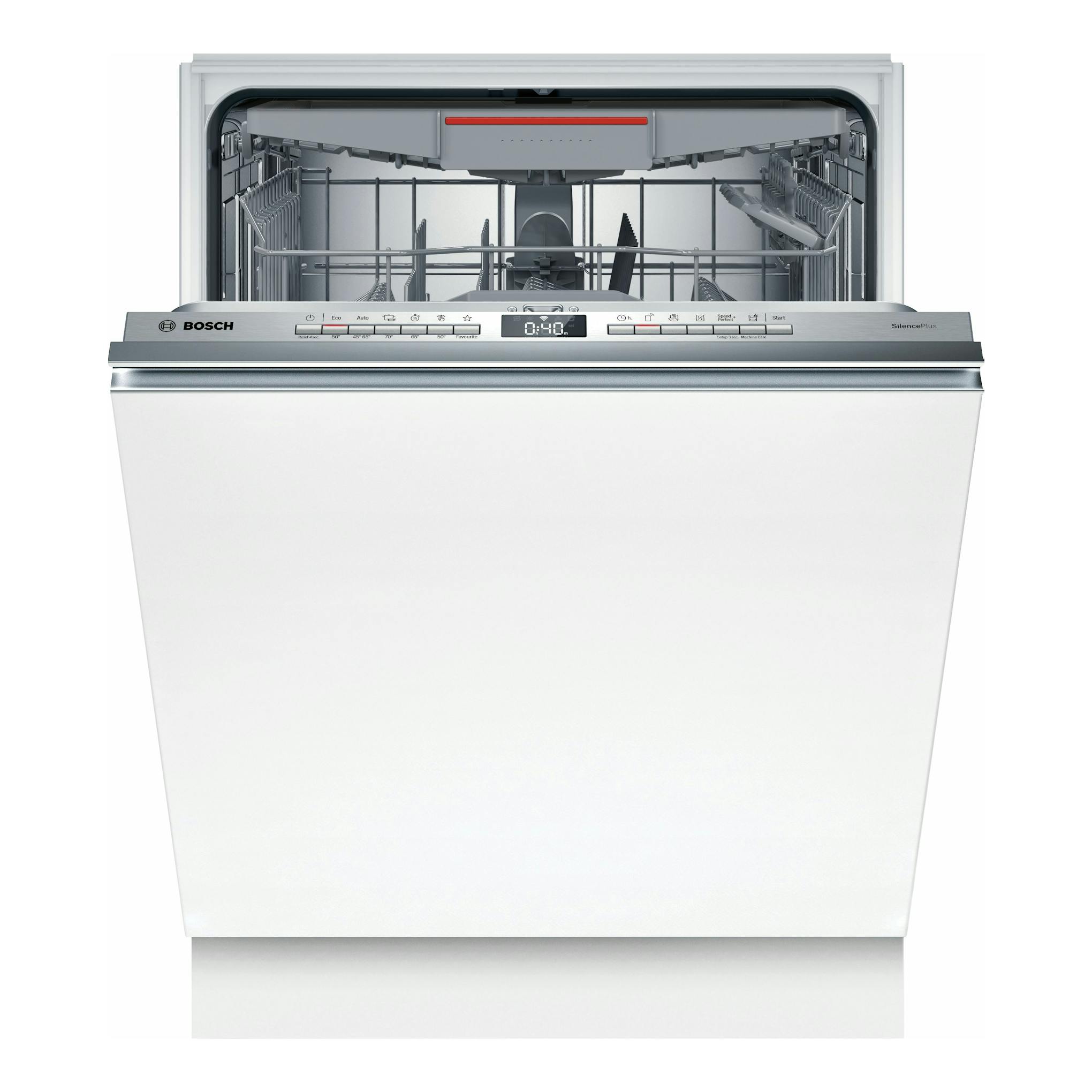 Lavavajillas integrable Bosch SMV4ECX21E, vista frontal abierta, panel blanco e interior gris.