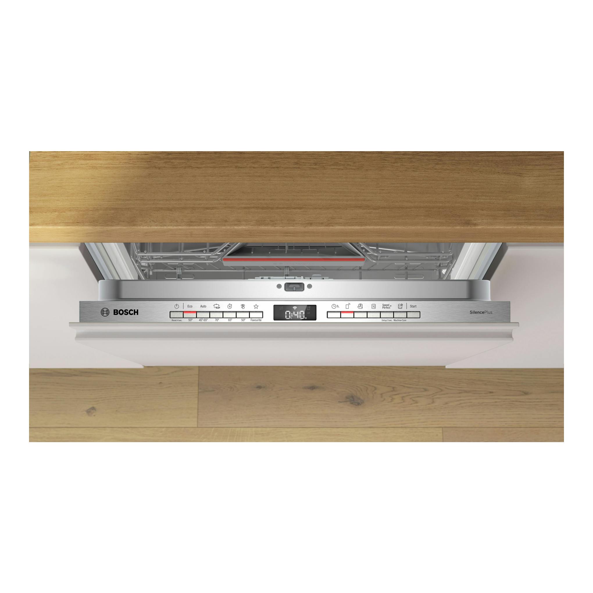 Lavavajillas integrable Bosch SMV4ECX21E, vista frontal con puerta abierta y panel de control gris.