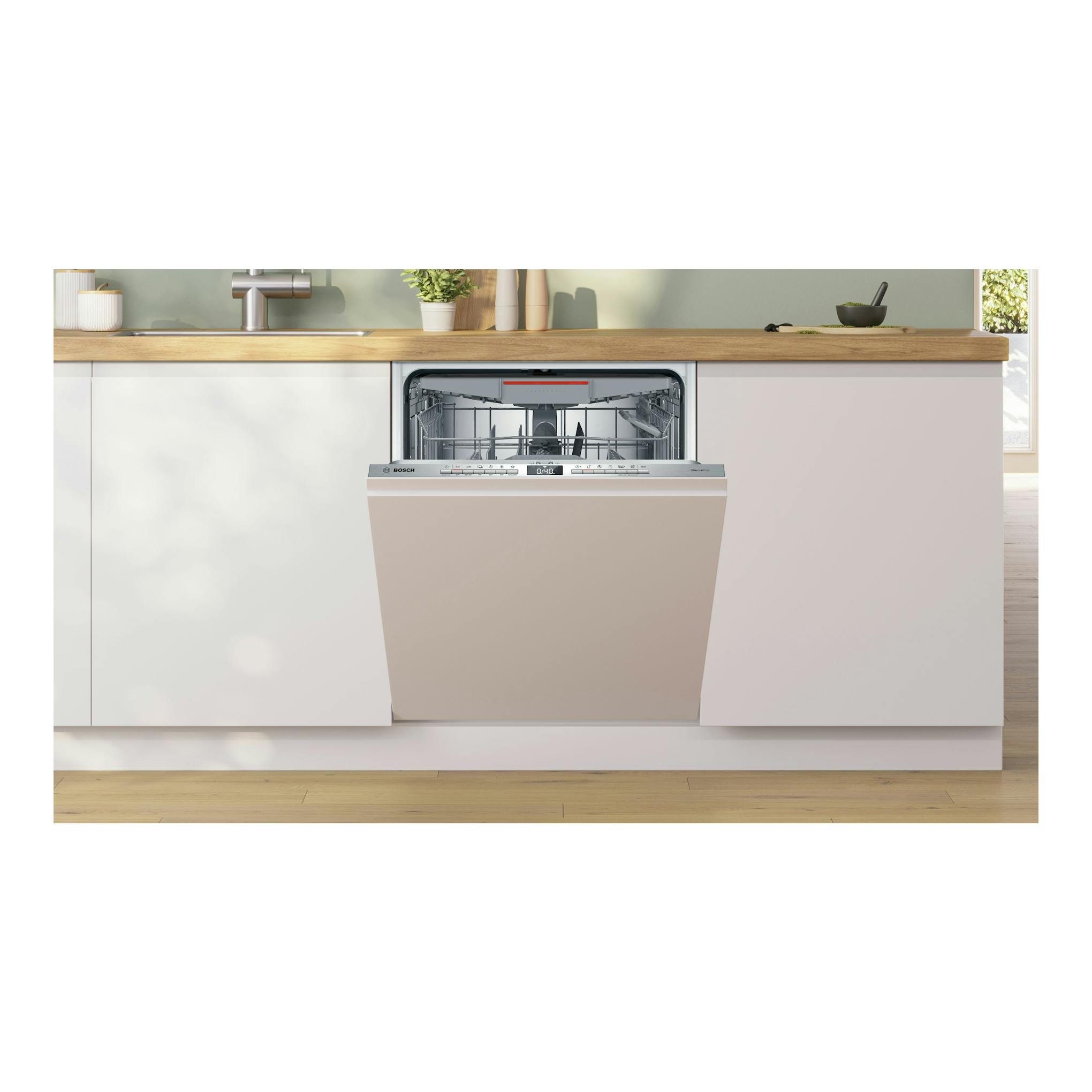 Lavavajillas Bosch SMV4ECX21E integrable, abierto, con panel y cestas visibles, en cocina blanca.