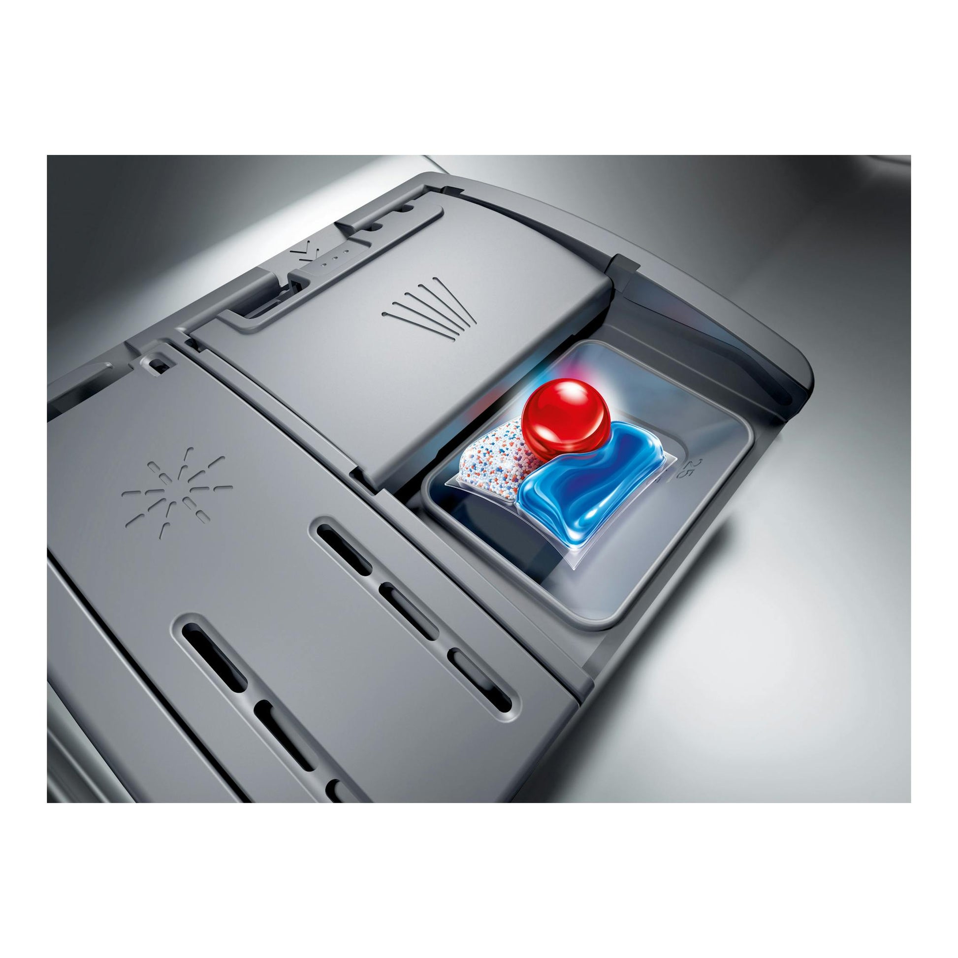 Bosch SMV4ECX21E, vista cenital del compartimento de detergente gris con pastilla y gel azul y rojo.
