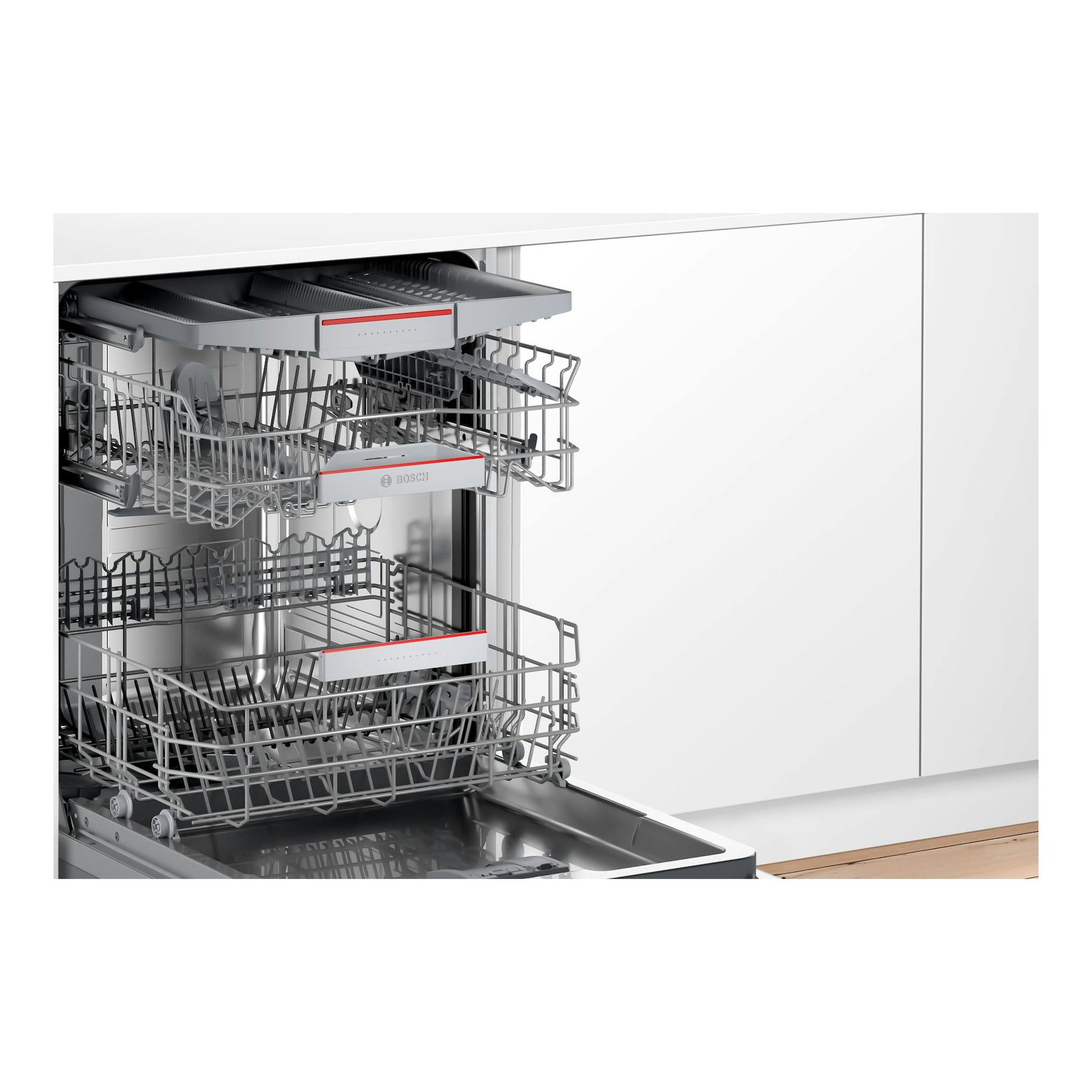 Lavavajillas integrable Bosch SMV4ECX21E abierto, vista frontal, con cestos grises y panel blanco.