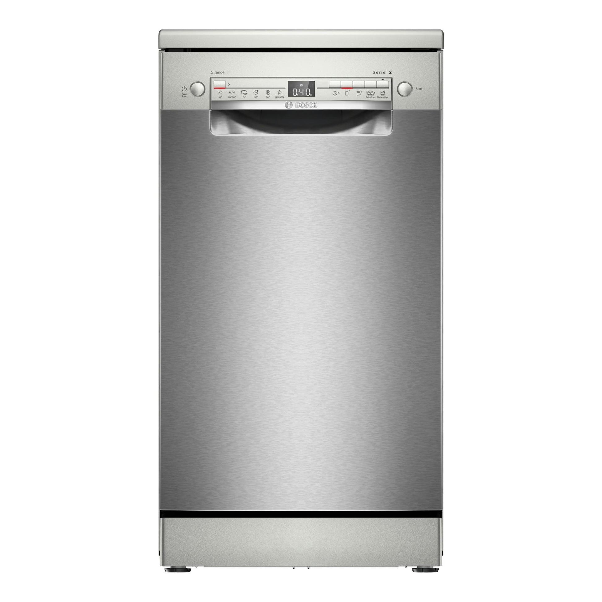 Lavavajillas Bosch SPS2HKI55E en inox, vista frontal, con panel de control superior.