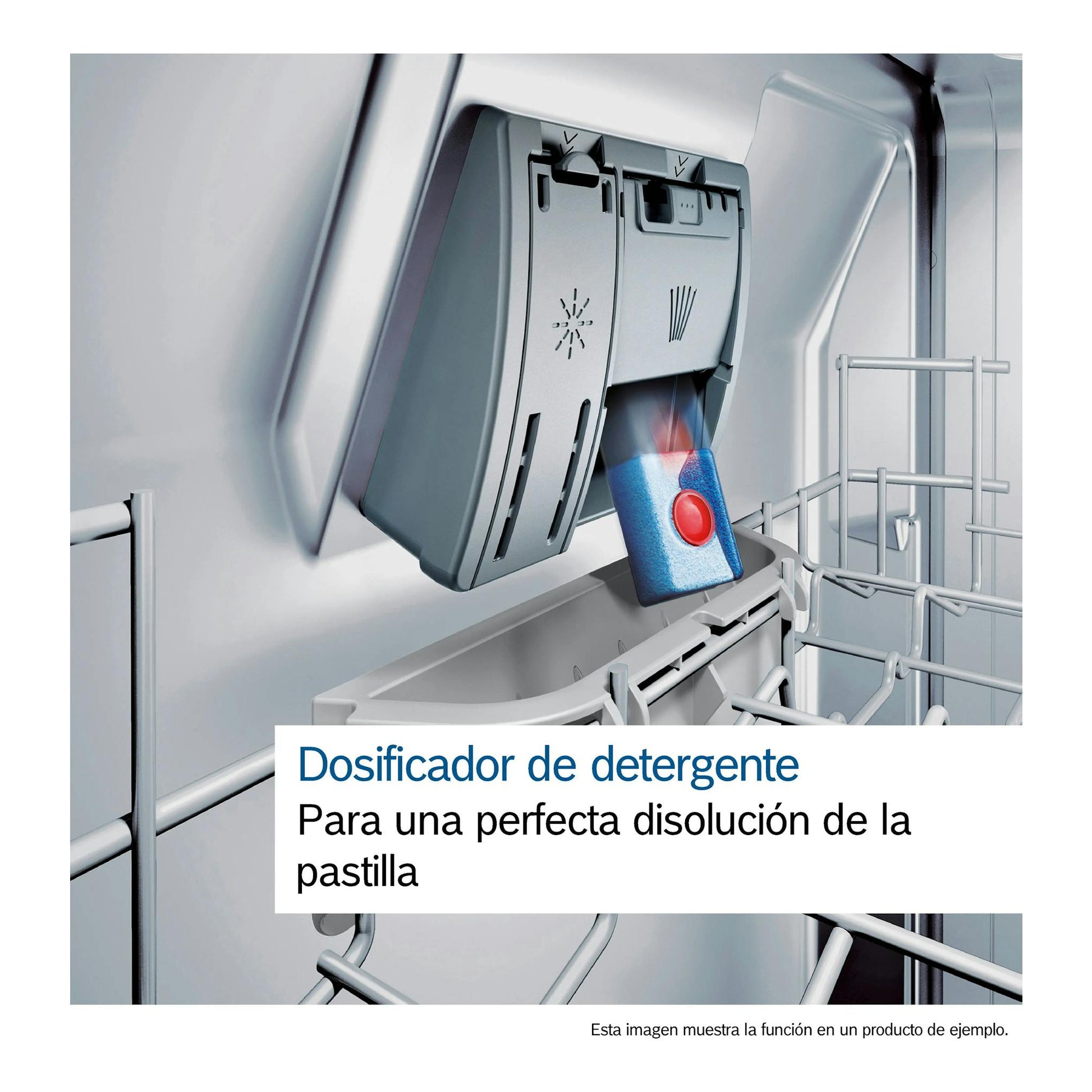 Bosch SPS2HKI55E: vista interior de lavavajillas inox con dosificador de detergente y pastilla entrando.