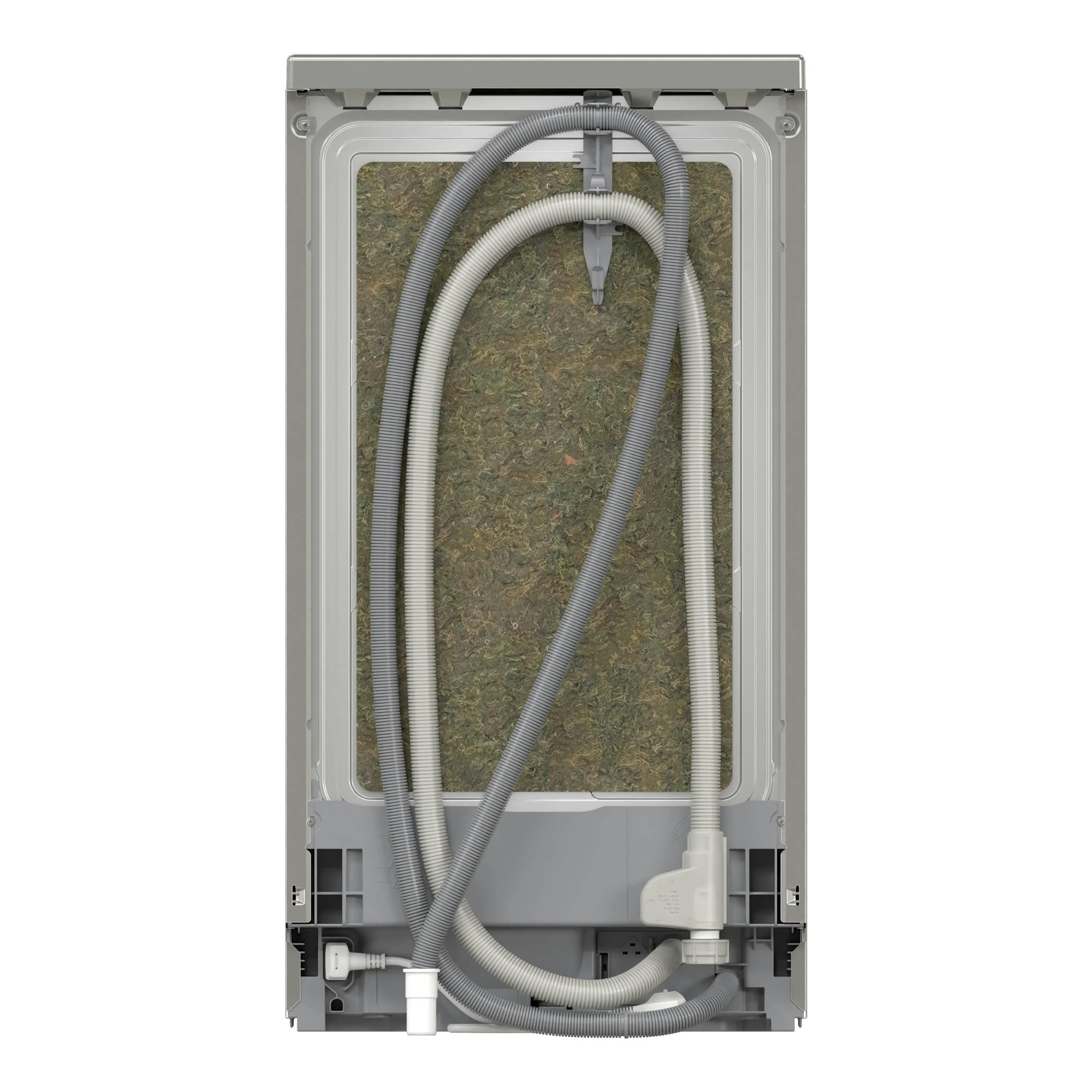 Lavavajillas Bosch SPS2HKI55E visto por detrás, en inox, con mangueras y conexiones visibles.