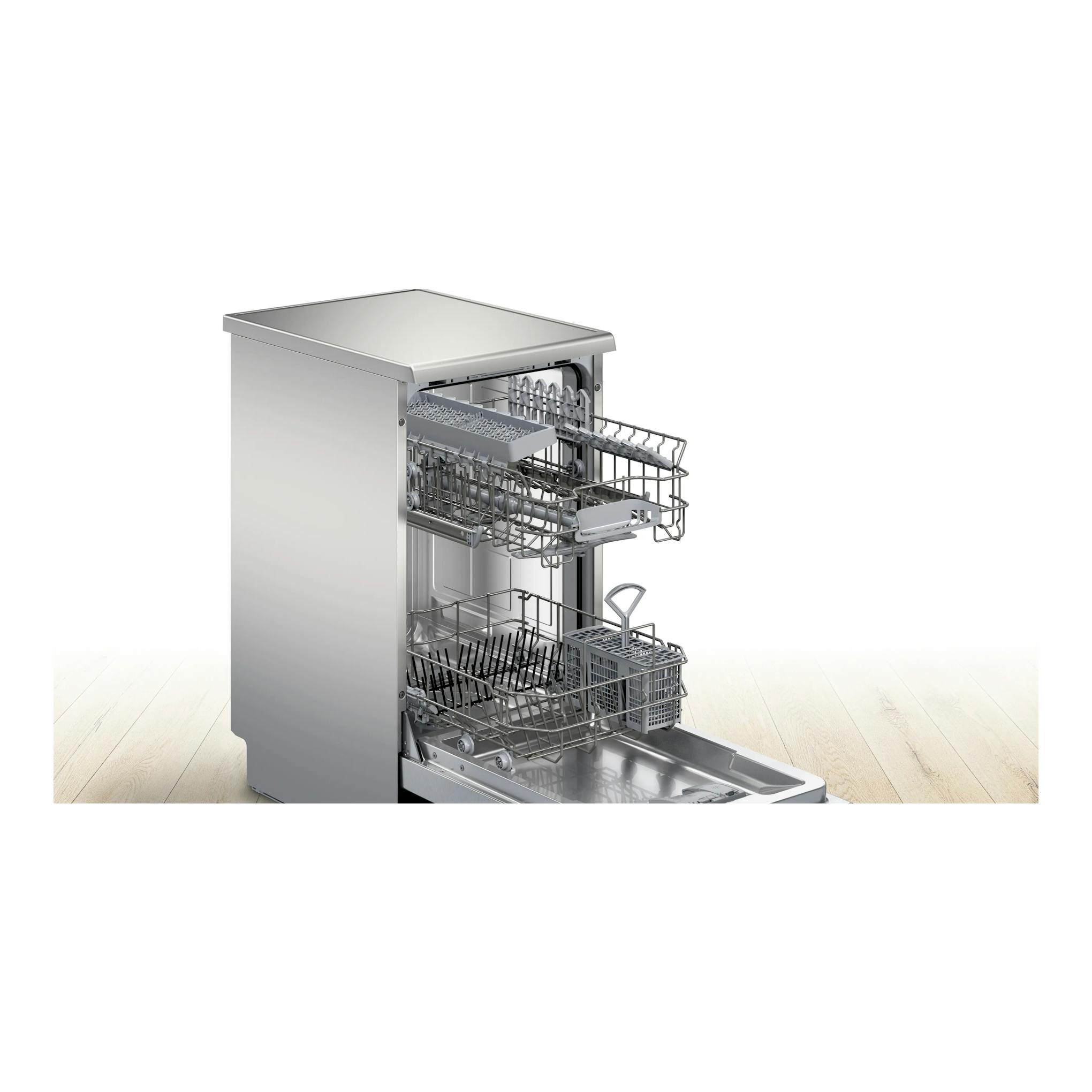 Lavavajillas Bosch SPS2HKI55E inox, abierto, vista frontal lateral, con cestas extraídas.