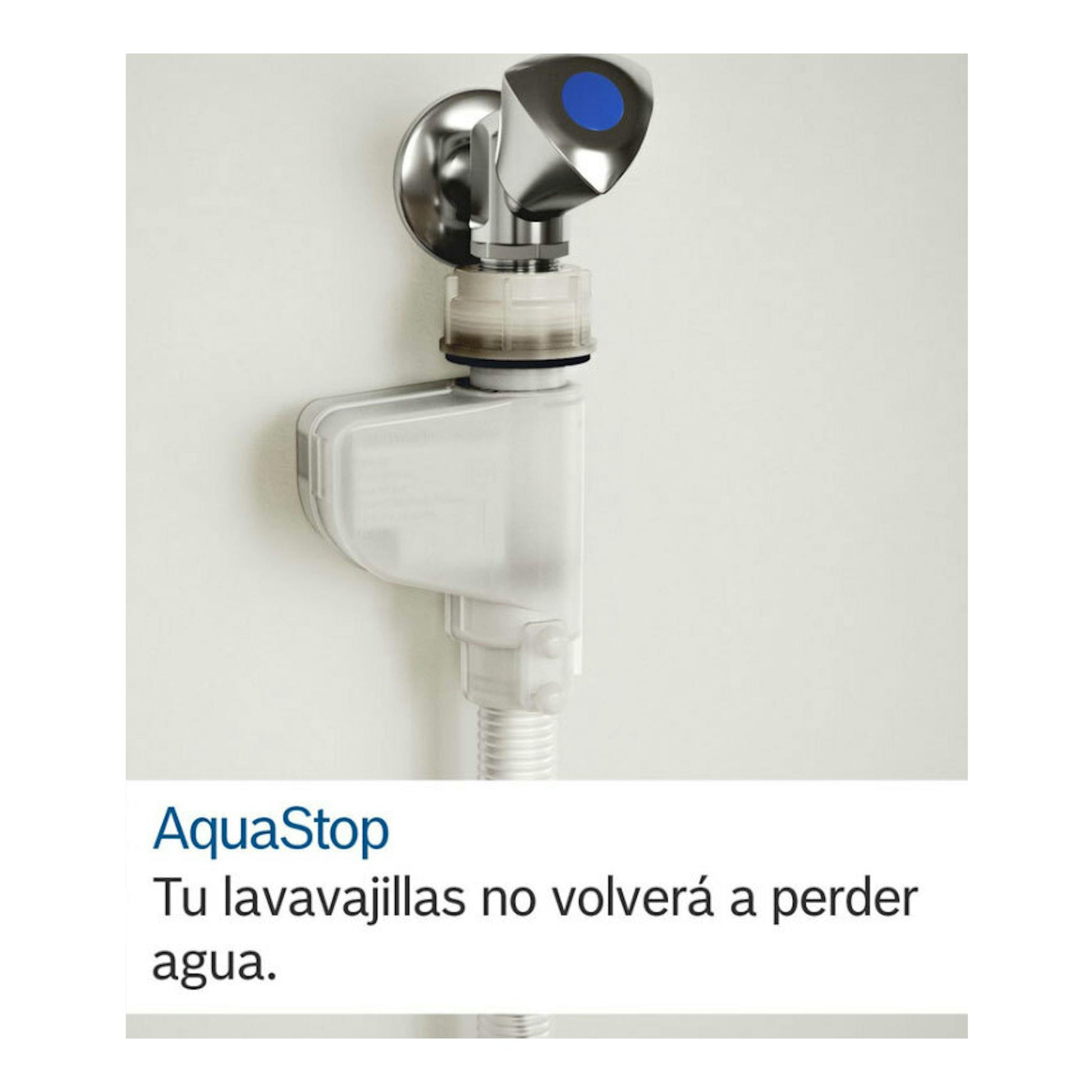 Bosch SPS2HKI58E: sistema AquaStop con válvula y manguera de seguridad en blanco y gris, vista frontal.
