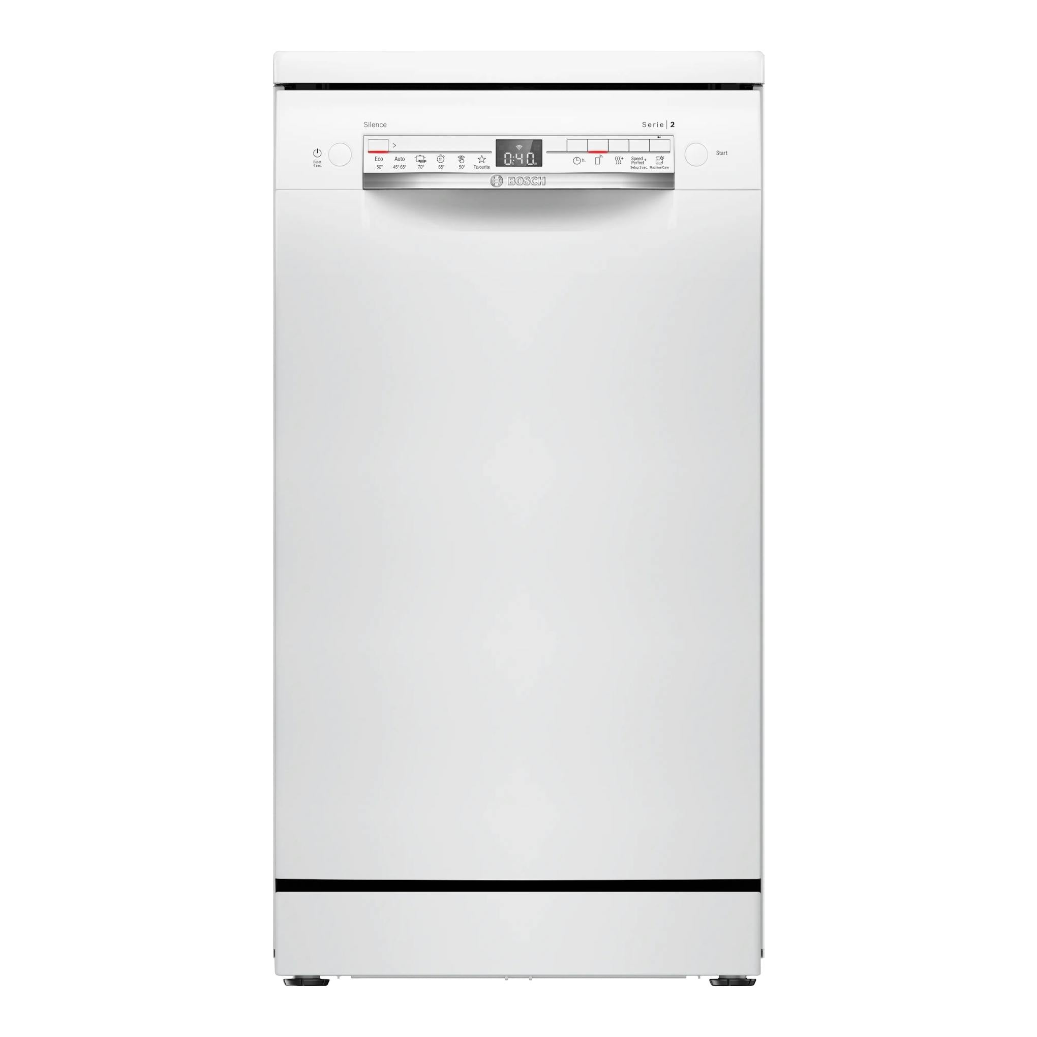 Lavavajillas Bosch SPS2HKW55E blanco, vista frontal, libre instalación, panel de control superior.