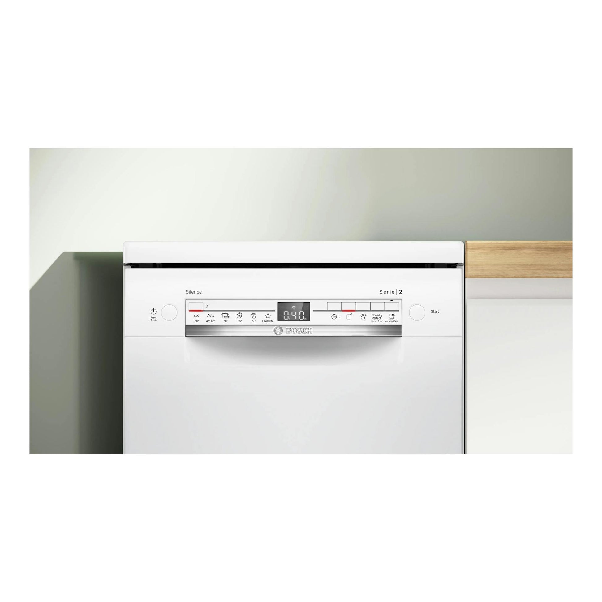 Lavavajillas Bosch SPS2HKW55E blanco, vista frontal, con panel de control superior.