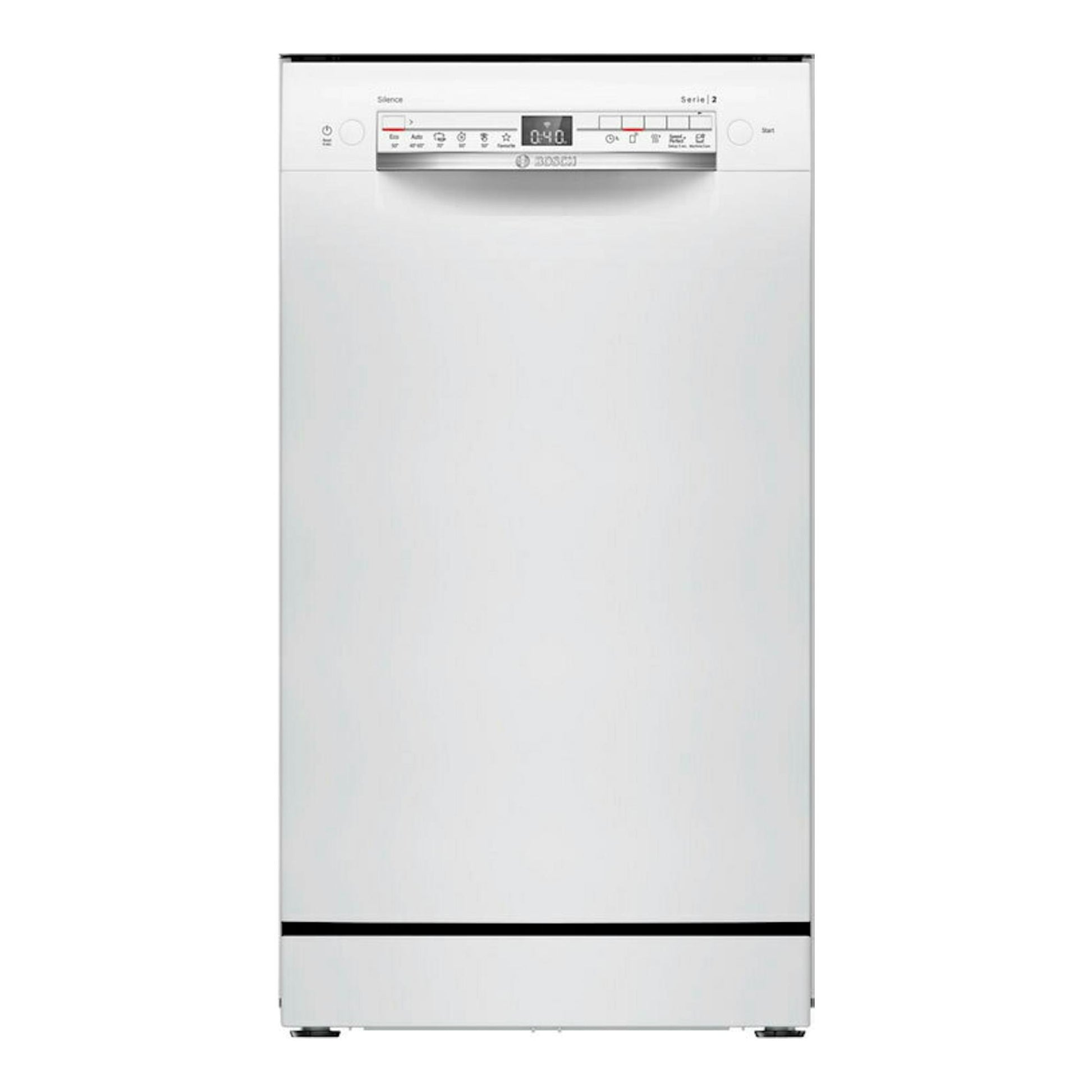Lavavajillas Bosch SPS2HKW58E blanco, vista frontal, con panel de control superior.