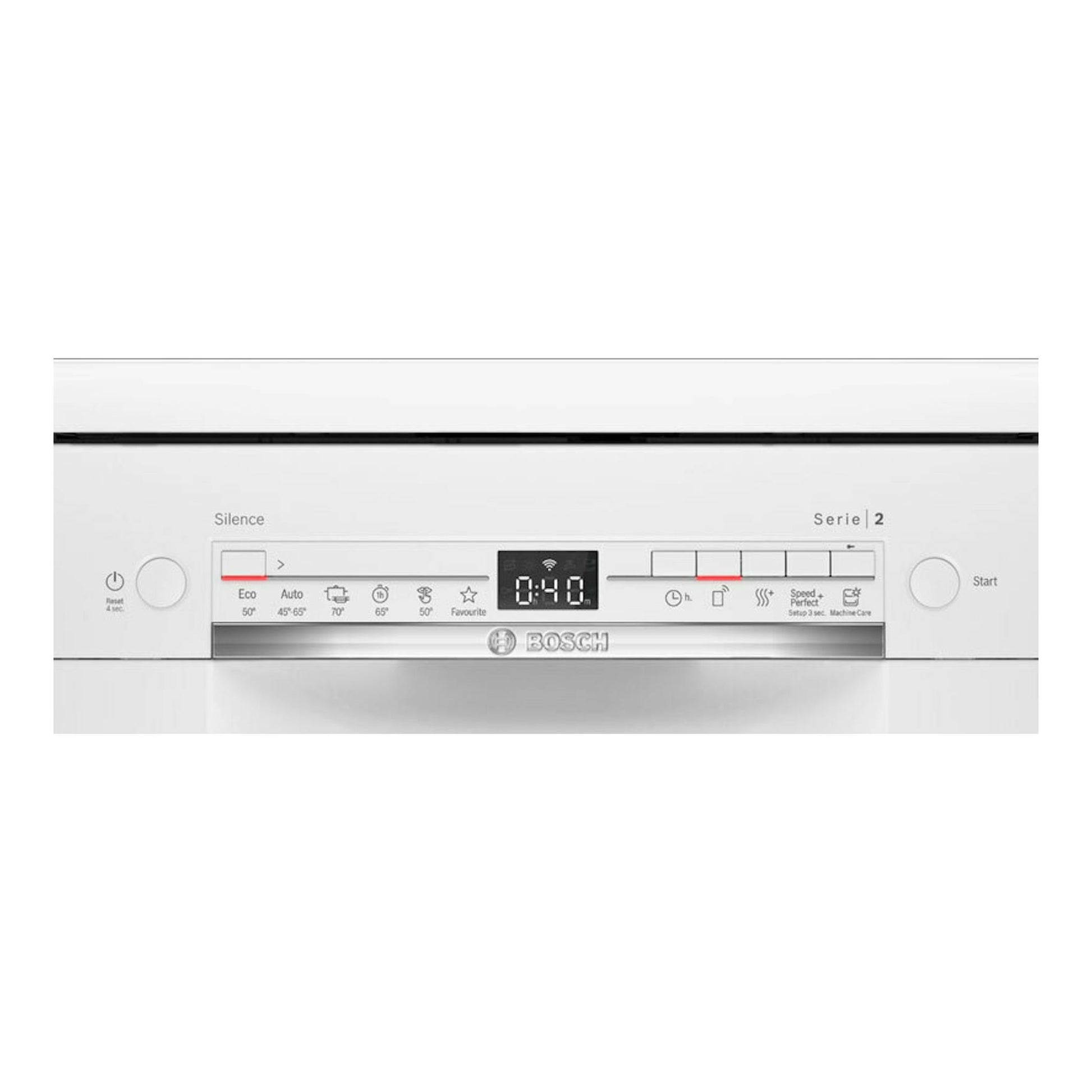 Lavavajillas Bosch SPS2HKW58E Serie 2 blanco, vista frontal del panel de control con display y botones.