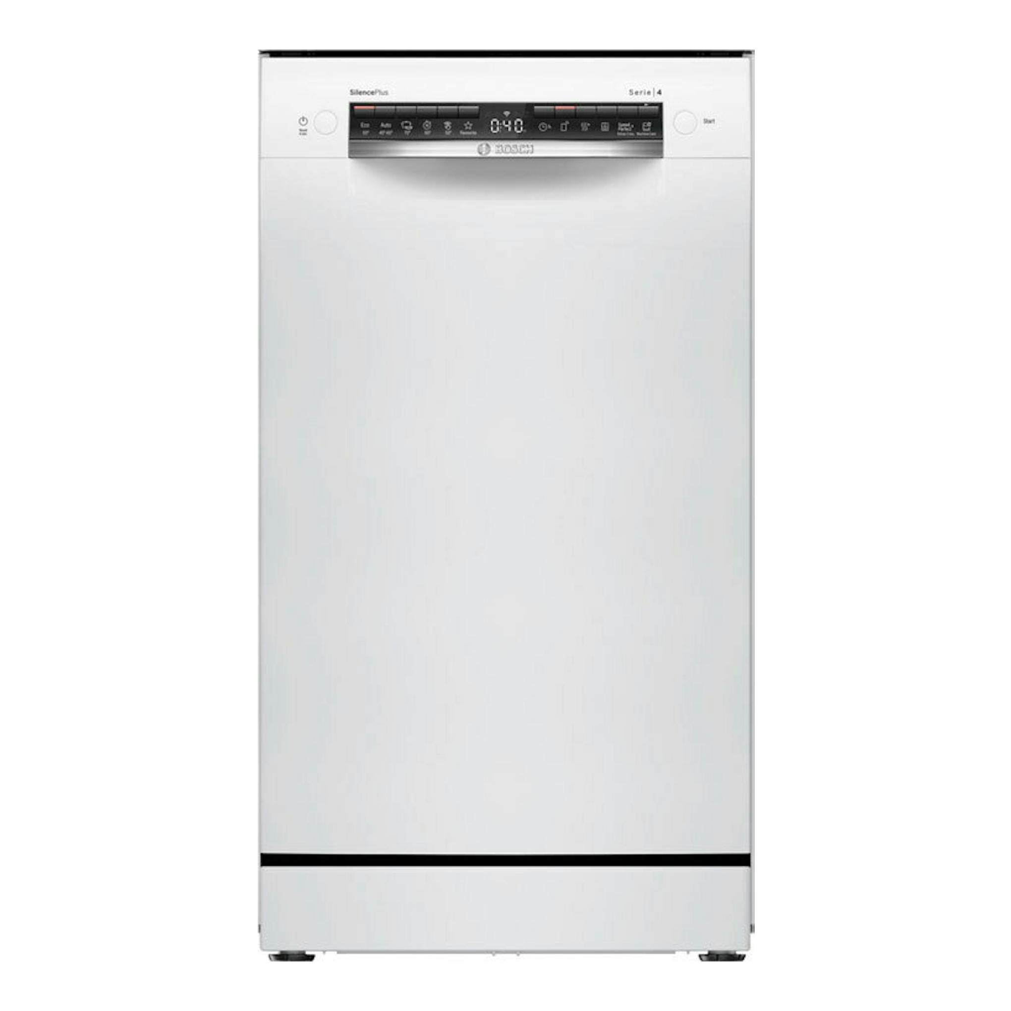 Lavavajillas Bosch SPS4HMW49E blanco, vista frontal, panel de control superior y puerta lisa.