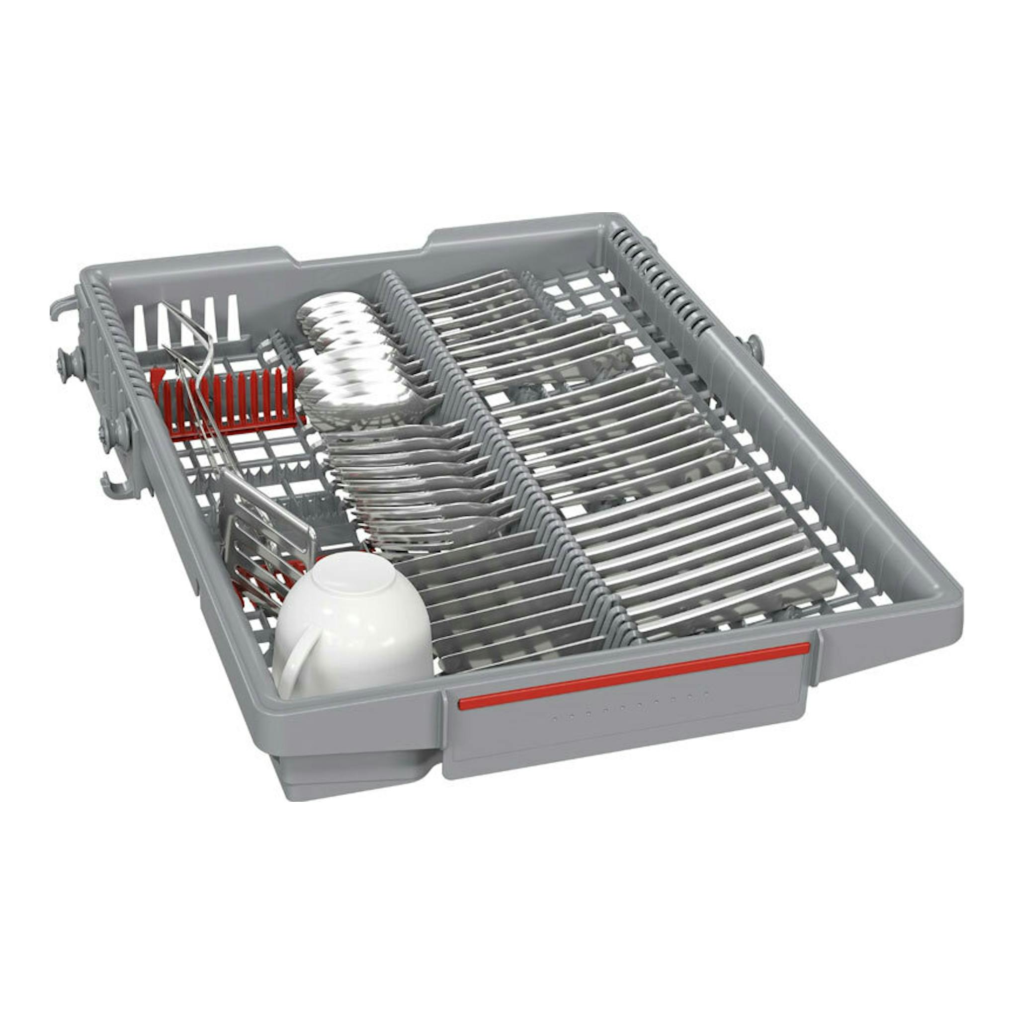 Cesta de lavavajillas Bosch SPS4HMW49E, gris, con platos, tazas y cubiertos, vista en perspectiva.